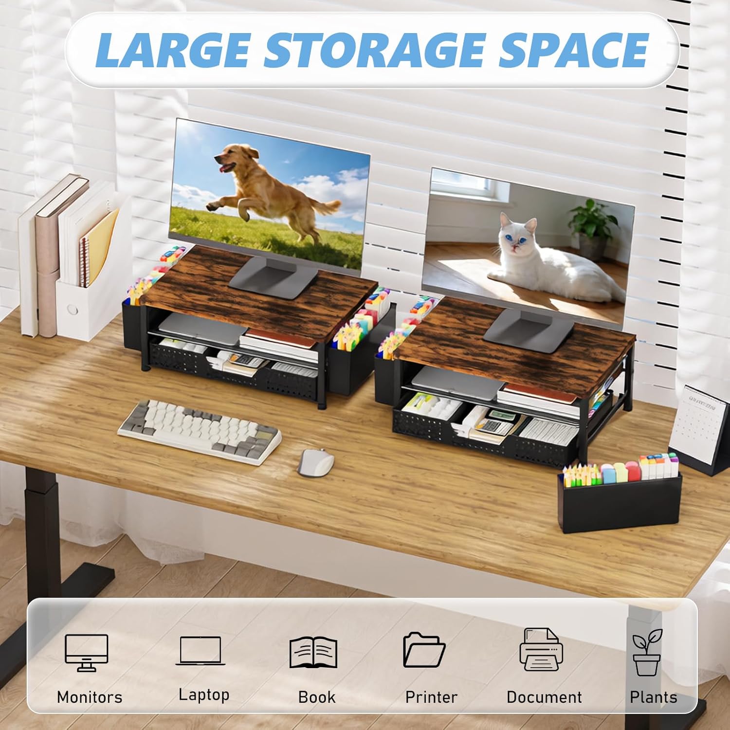 OPNICE Wood Desk Organizers and Accessories, 2-Tier Computer Monitor Stand Riser with Drawer and 2 Pen Holders, Laptop Stand, Office Desk Accessories for Office Supplies, Brown