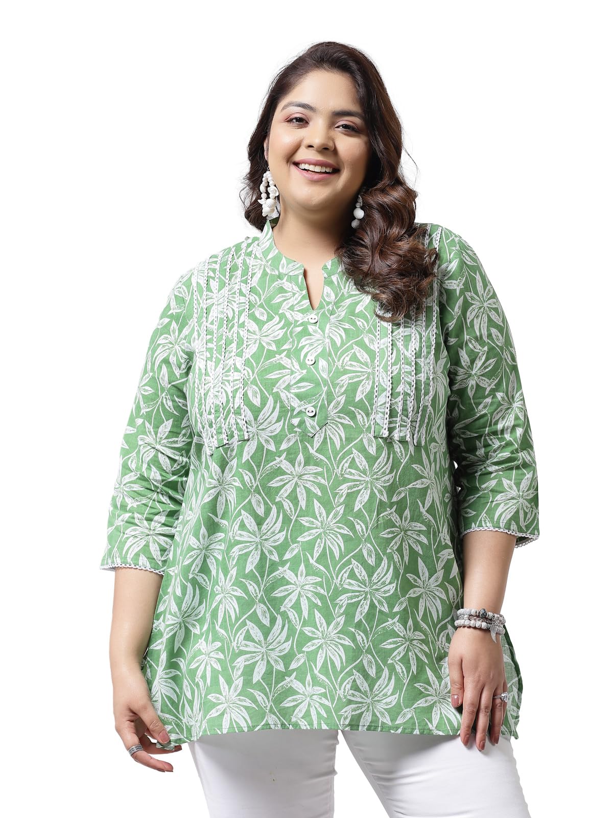 stylum Women's Plus Size Regular Fit Tropical Printed Cotton Empire Top (TOPGREENZILLPLUS_Green)-picture-30