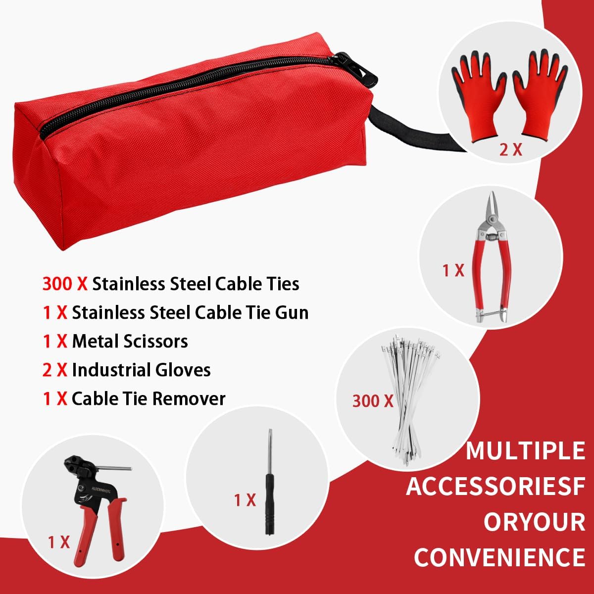 Metal Zip Tie Tool 300PCS (100 Each: 7.8/12/15.7 Inch) Stainless Steel Cable Tie Gun Kit | Self-Locking Fastening & Cutting Tool Metal Zip Tie Gun for Fencing, Exhaust Pipes, Automotive (Red)