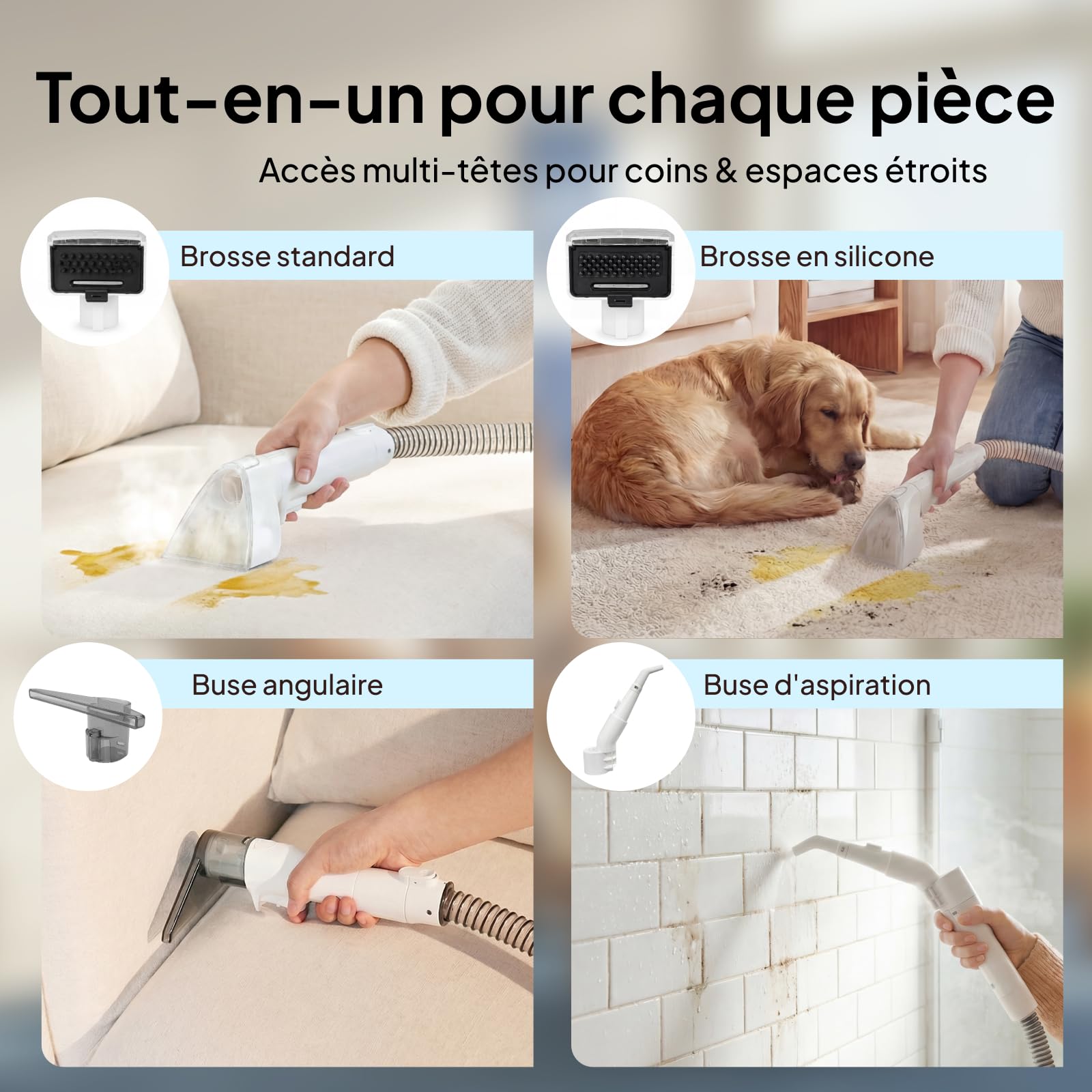 Livatro Shampouineuse Canapé, 1700W Nettoyeur Canapé Tissu, 15KPa Nettoyeur Vapeur Pour Canapé, Double Réservoir 1,6 L + 1,2 L, Fonction Autonettoyante,Injecteur Extracteur Pour Canape,Tissus,Voiture