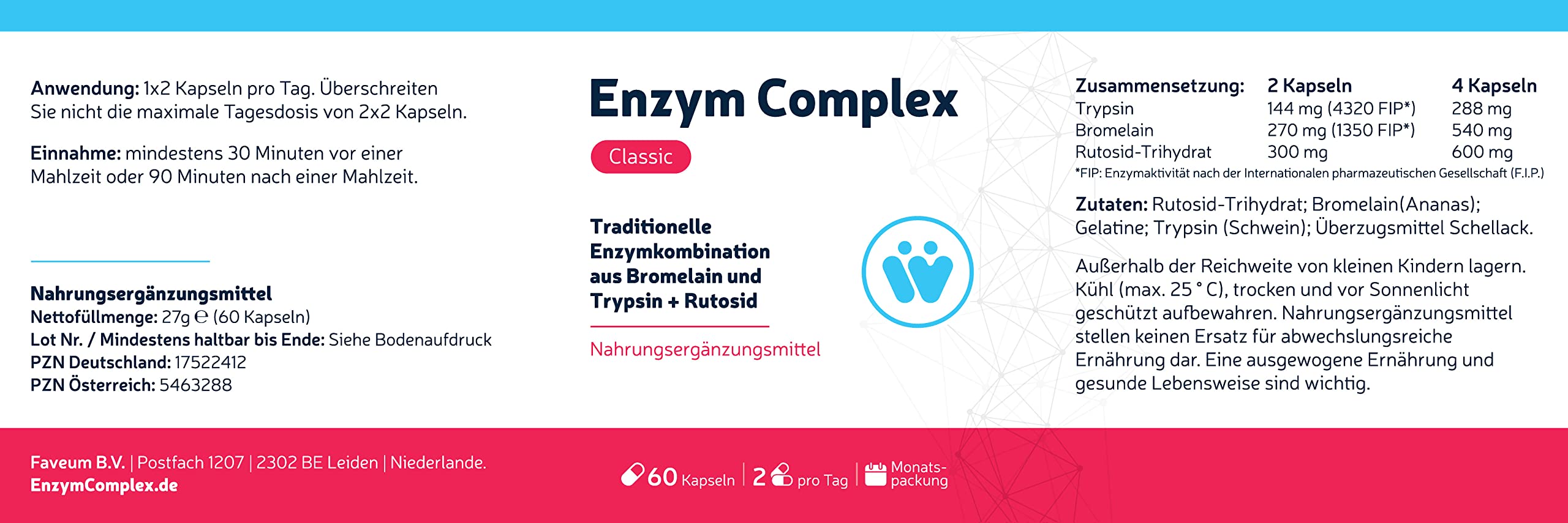 Enzym Komplex Classic - Mit Bromelain Ananas Enzym hochdosiert + Trypsin + Rutosid - Monatspackung mit 60 Enzyme Kapseln - Traditionelle systemische Enzym-Kombination
