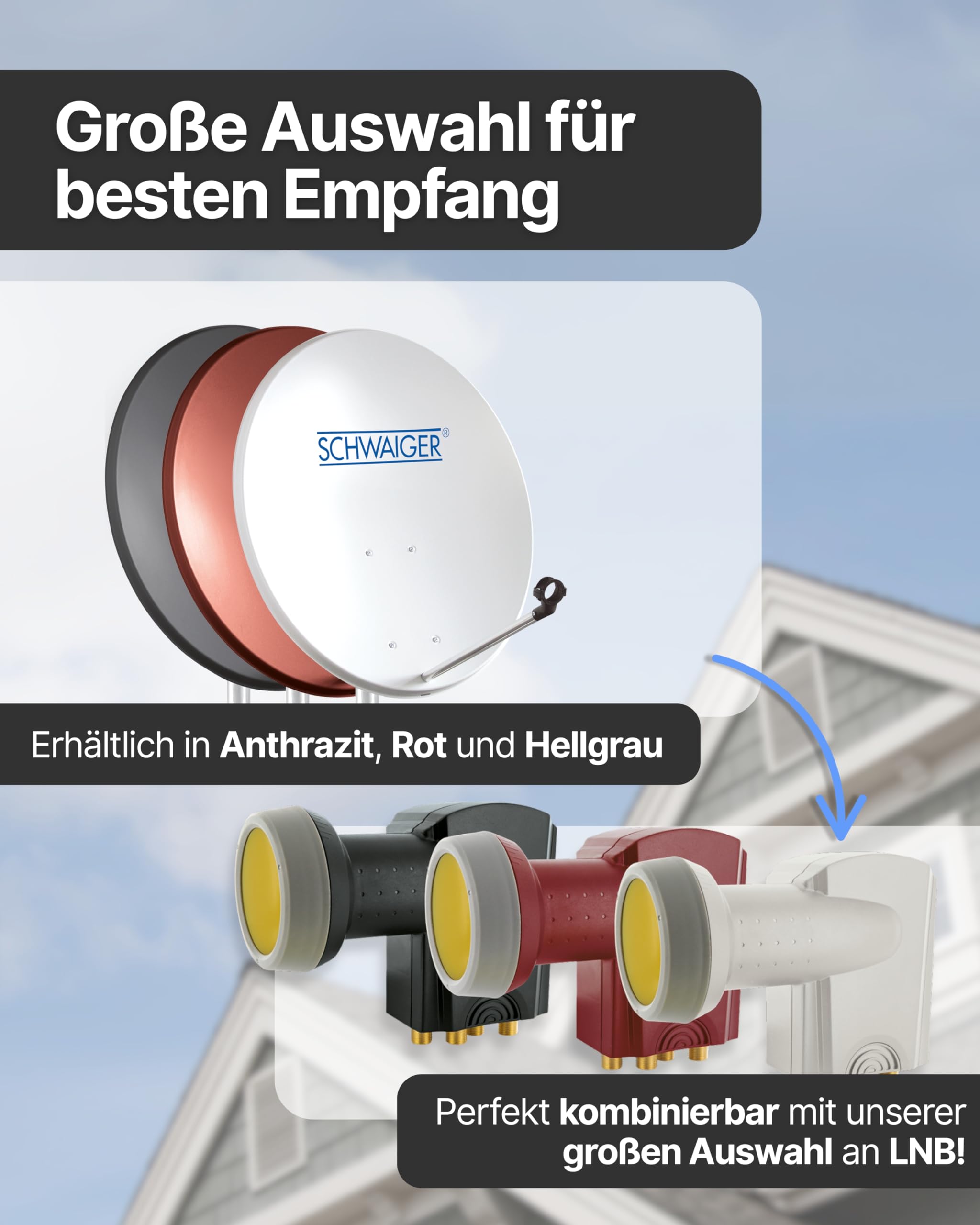 SCHWAIGER Satellitenschüssel 80 cm Stahl Offset Antenne Multifeed wetterfest SAT Schüssel LNB Tragarm Masthalterung 38,5dB