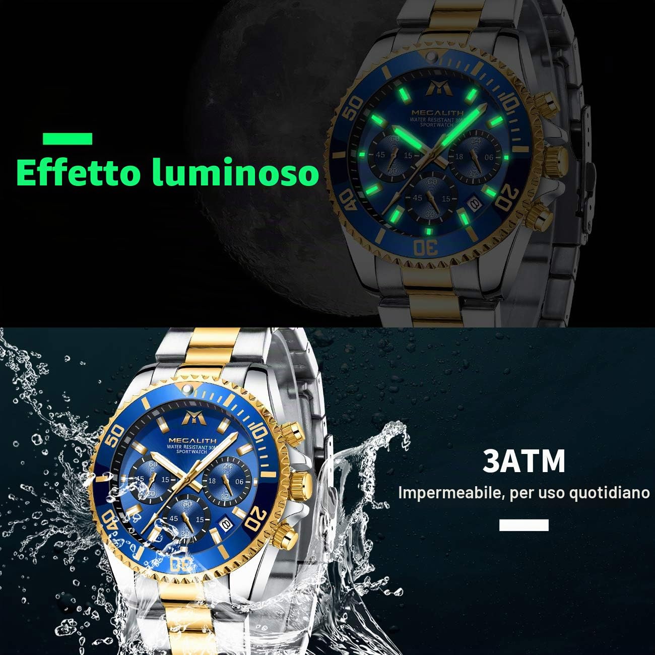 MEGALITH Orologio Uomo Cronografo Acciaio: Elegante Analogico Data Luminose | Orologi Vestito da Polso Quadrante Grande per l'Uso Quotidiano Lavoro - Regalo per Padre Marito Natale Anniversari Matrimonio