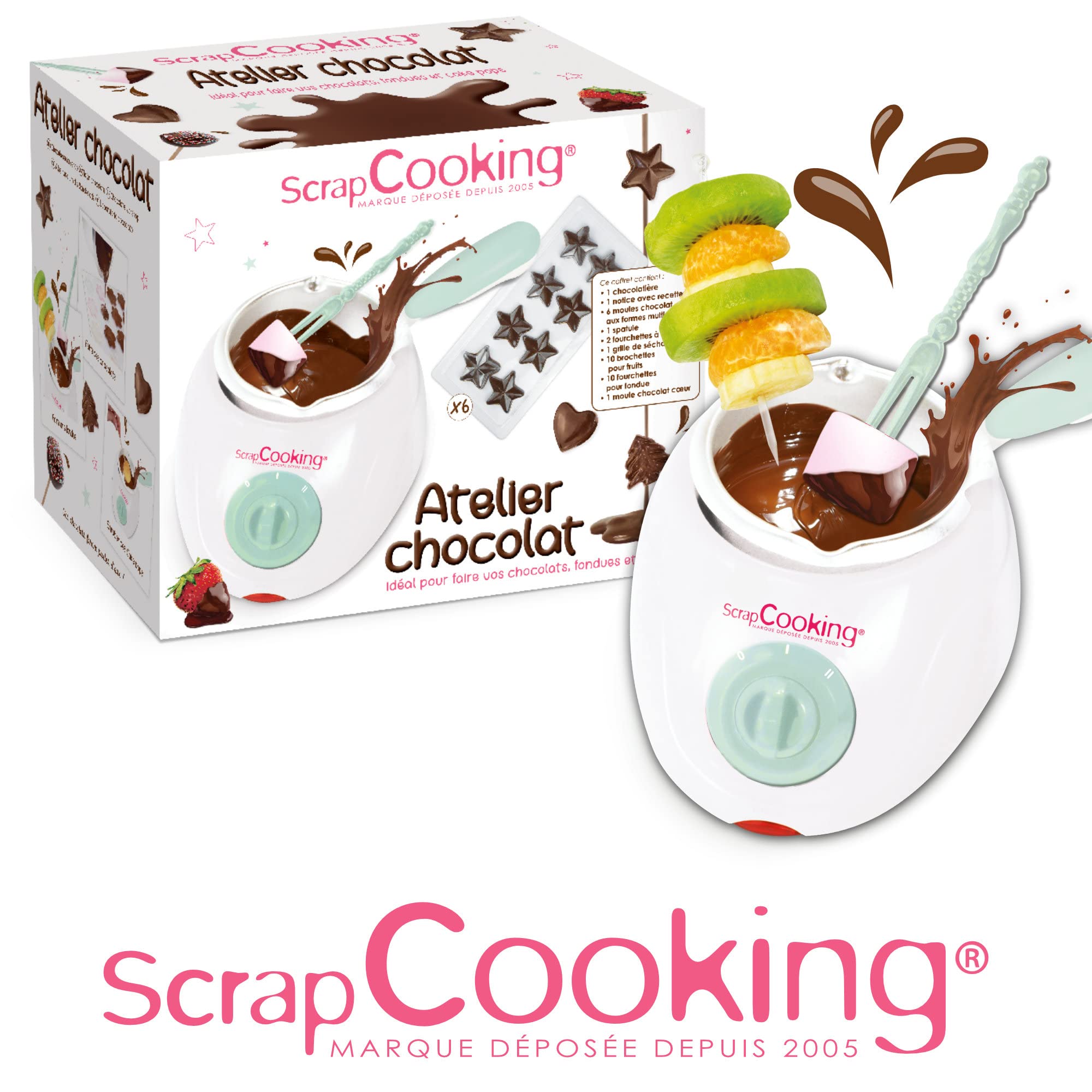 ScrapCooking - Atelier Chocolat - Appareil Fondue à Chocolat avec Accessoires - Coffret 33 Éléments pour Fabrication Chocolats Maison, Soirées Crêpes, Gaufres - Avec Moules - Blanc / Vert d’Eau - 3902