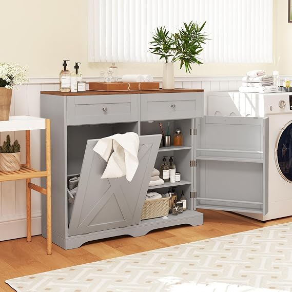 LOKO Tilt Out Trash Can Cabinet, Kitchen Island (Gray & Walnut)