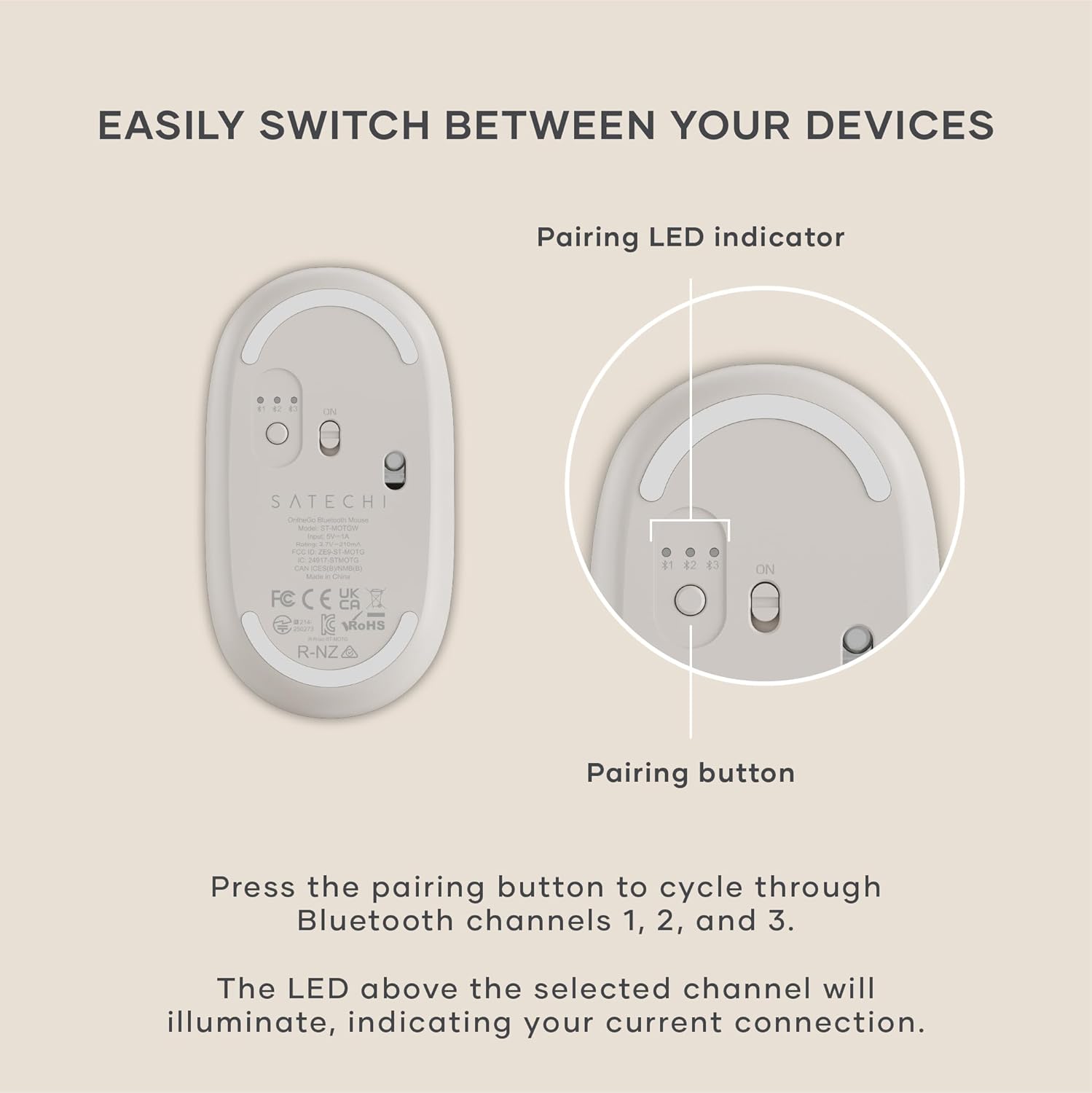 Satechi OntheGo Bluetooth Mouse with USB C Rechargeable Battery, Connect up 3 Devices, Compact and Portable Wireless Mouse for Laptop, Computer, Tablet – Sand