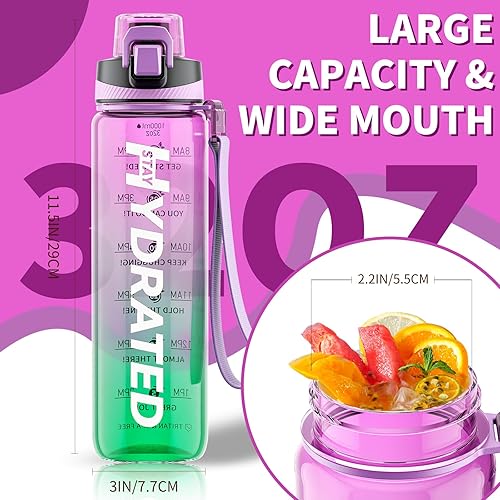 Miniatura 5 de Botella de agua de 32 onzas, botellas de agua motivacionales con marcador de tiempo, Tritan y sin BPA, botella de agua deportiva sin popote con