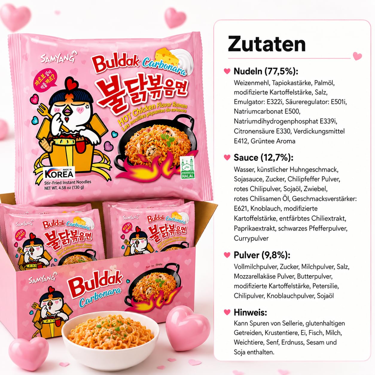 Samyang Buldak Carbonara Ramen 20er Karton 20 x 130g – Koreanische Instantnudeln, scharf & cremig, Hot Chicken Flavour, Großpackung 2,6 kg