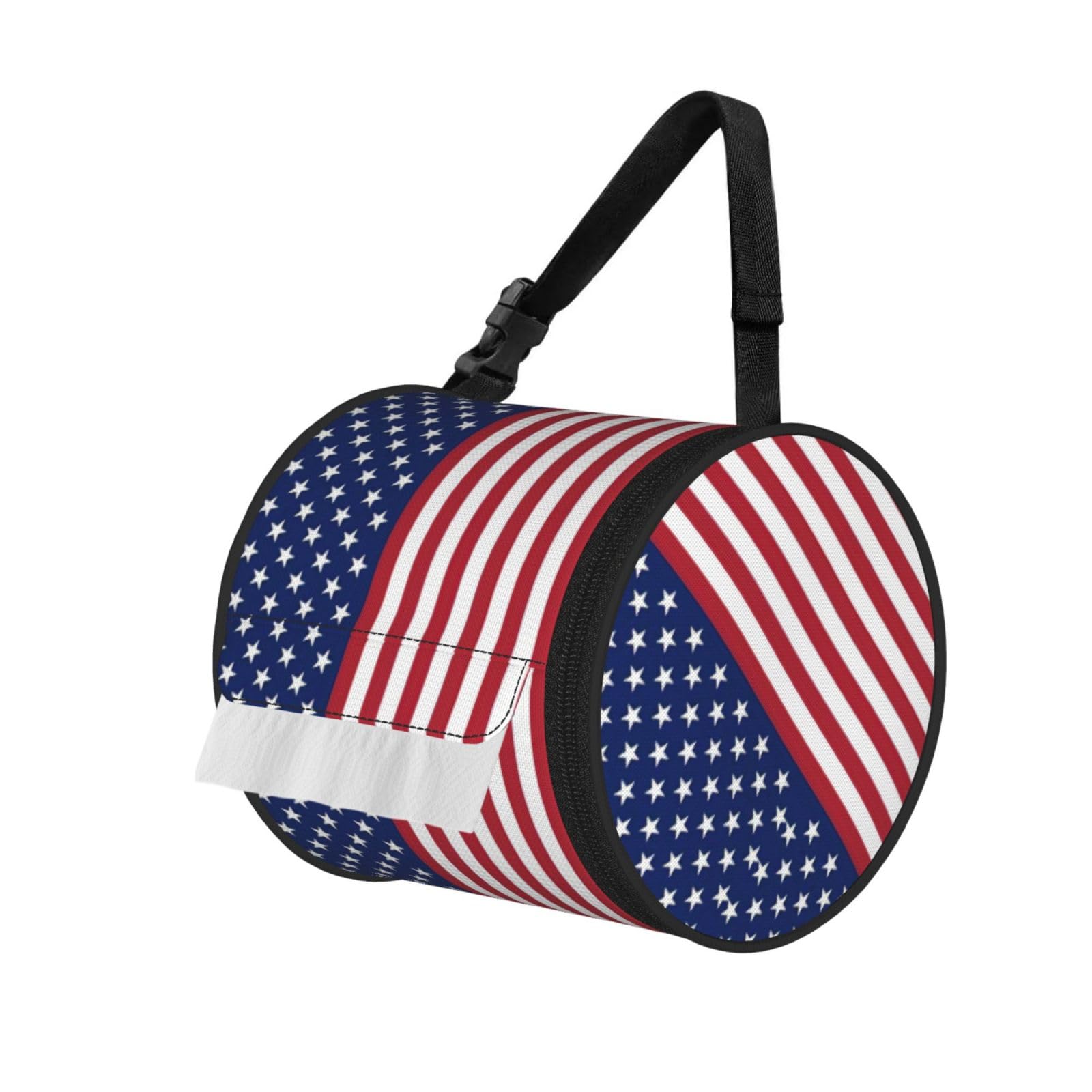 American Flag Stars Stripes Print Round Tissue Dispenser Bag With Carry Strap, Portable Roll Holder For Car Travel Home