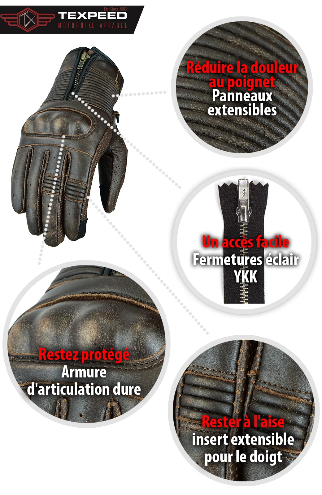 Texpeed Gants de Moto Homme en Cuir Véritable - Gants de Vélomoteur Zippés Pour Hommes Avec Armure CE - Hiver/été Marron - (S)