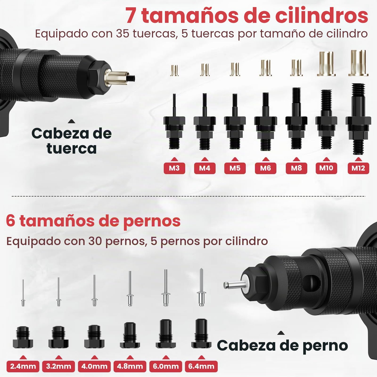 Adaptador 2 en 1 para Remachadora para Taladro y Atornillador, Juego de Adaptadores Remachadora de Tuercas para Remaches 2,4-6,4 mm y Tuercas Remachadas M3-M12, accesorio profesional de remache