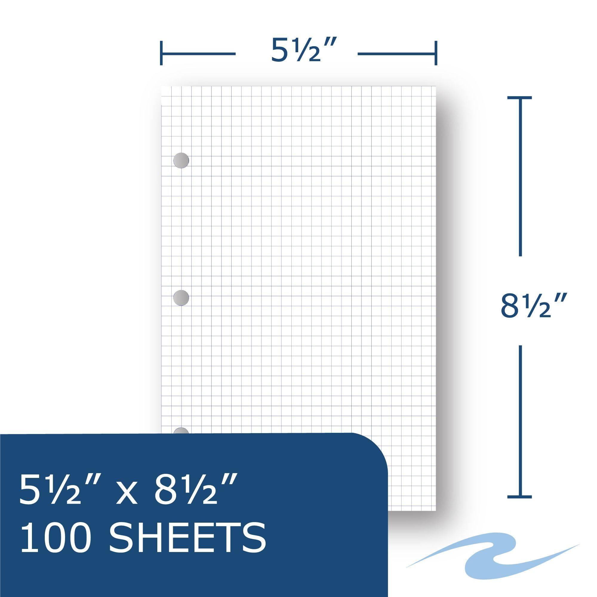 Roaring Spring Lot de 12 feuilles de papier quadrillé de 21,6 x 14 cm, 100 feuilles blanches de 6,8 kg, quadrillage 5 x 5, perforées à 3 trous pour mini classeurs