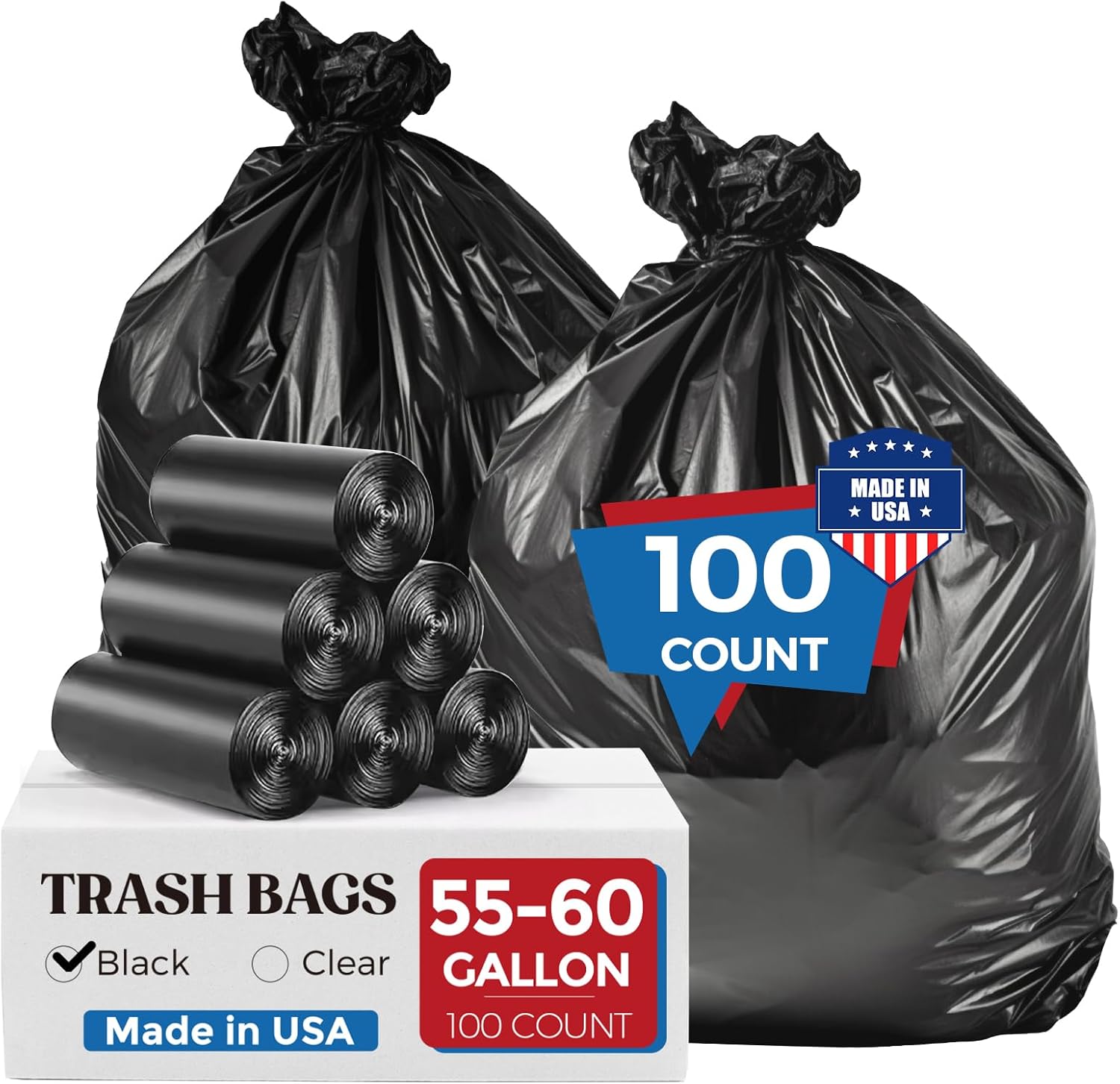 Fuxury 55-60 Gallon Extra Large Trash Bags, 100 Count Black Garbage Bags, 23 Mic Thick, 38x58 in, Star-Seal Bottom, Plastic Bags Ideal for Home, Yard & Commercial Use, Made in USA Black 1 Count (Pack of 100)