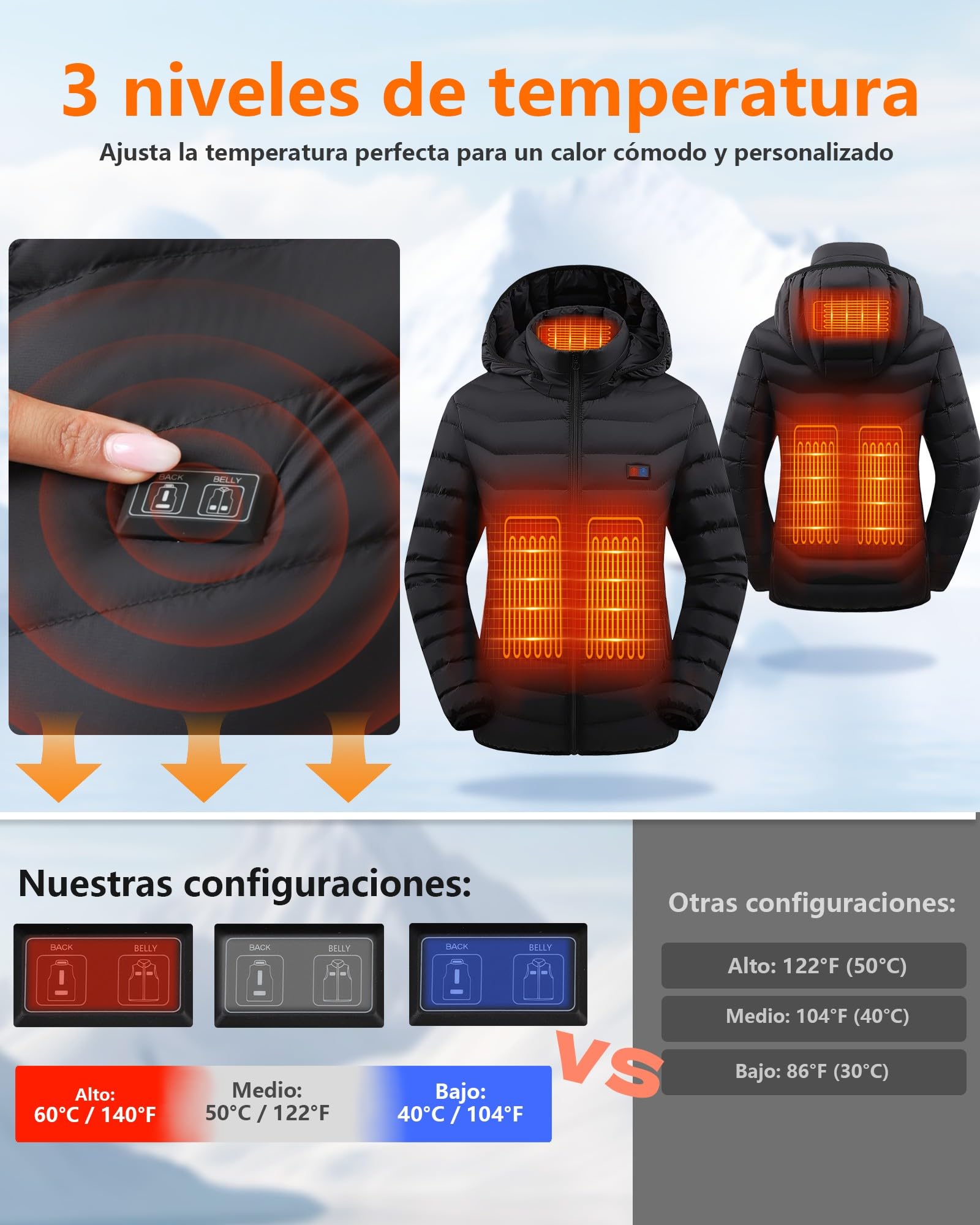 Chaqueta Calefactable Mujer con Batería 10000mAh, Chaquetas con Calefaccion con 5 Zonas, 3 Temperaturas, Control Doble, Ideal para Senderismo, Esquí y Acampar