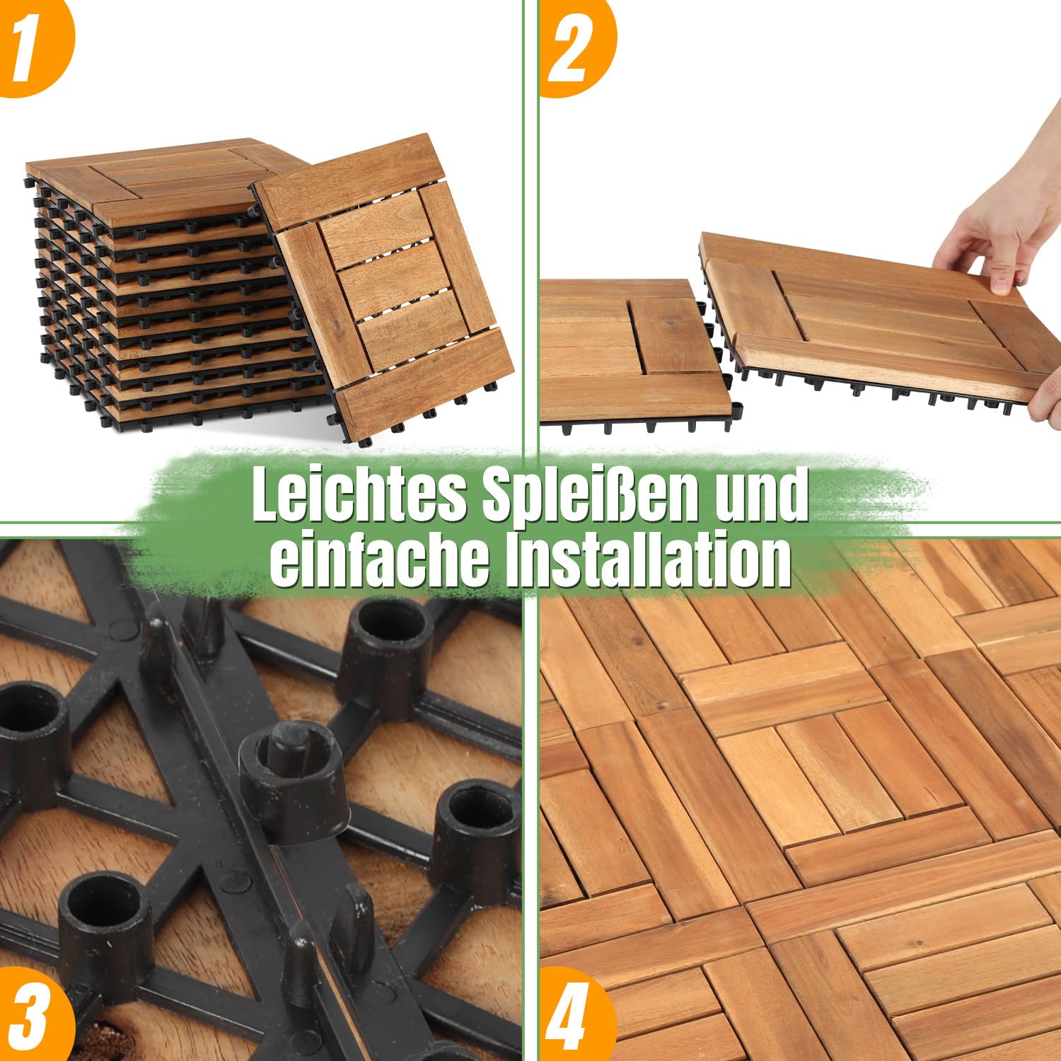 Holzfliesen Terrassenfliesen, 5m² 55 Stück Gartenfliesen 30 x 30 cm, Balkonfliesen aus Akazien Holz, Klickfliesen Terrassenfliese 6 Latten Fliese für Garten, Terrasse, Balkon