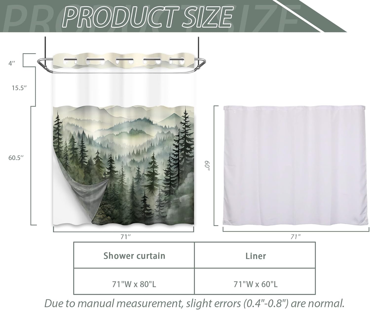 Foggy Mountain Hookless Shower Curtain with Snap in Liner, Nature Woodland Forest No Hook Double Layer Shower Curtain and Liner Set, Ringless with Window Waterproof Cloth Fabric, 71" W x 80" L