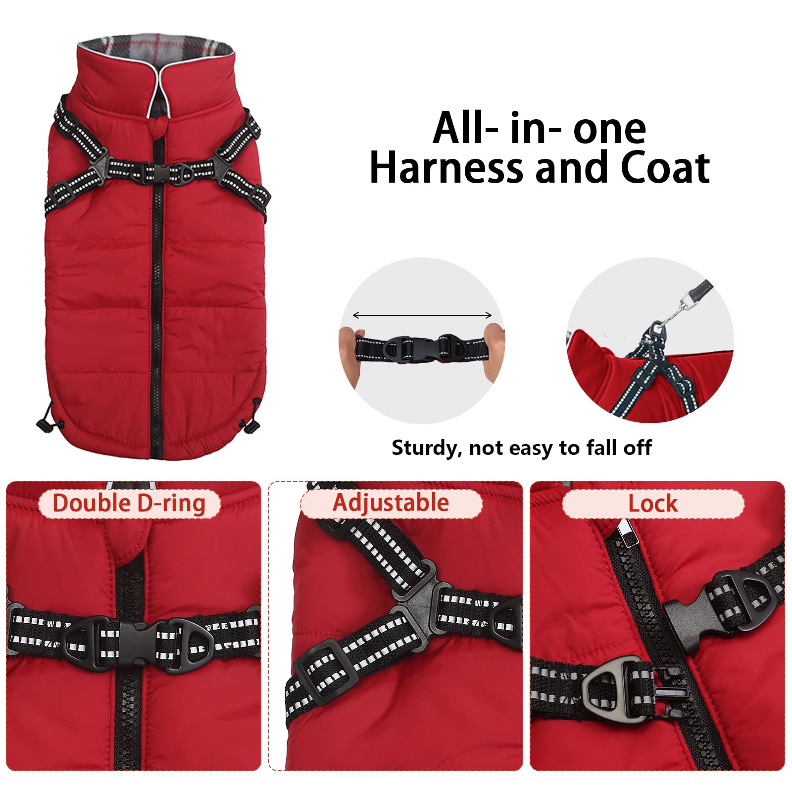 Abrigos y Chaquetas cálidos para Perros con arnés,Chaleco Reflectante Impermeable para Perros Mascotas, Ropa de Invierno para Perros con Correa en el Pecho,para Perros pequeños y medianos-Rojo-XL