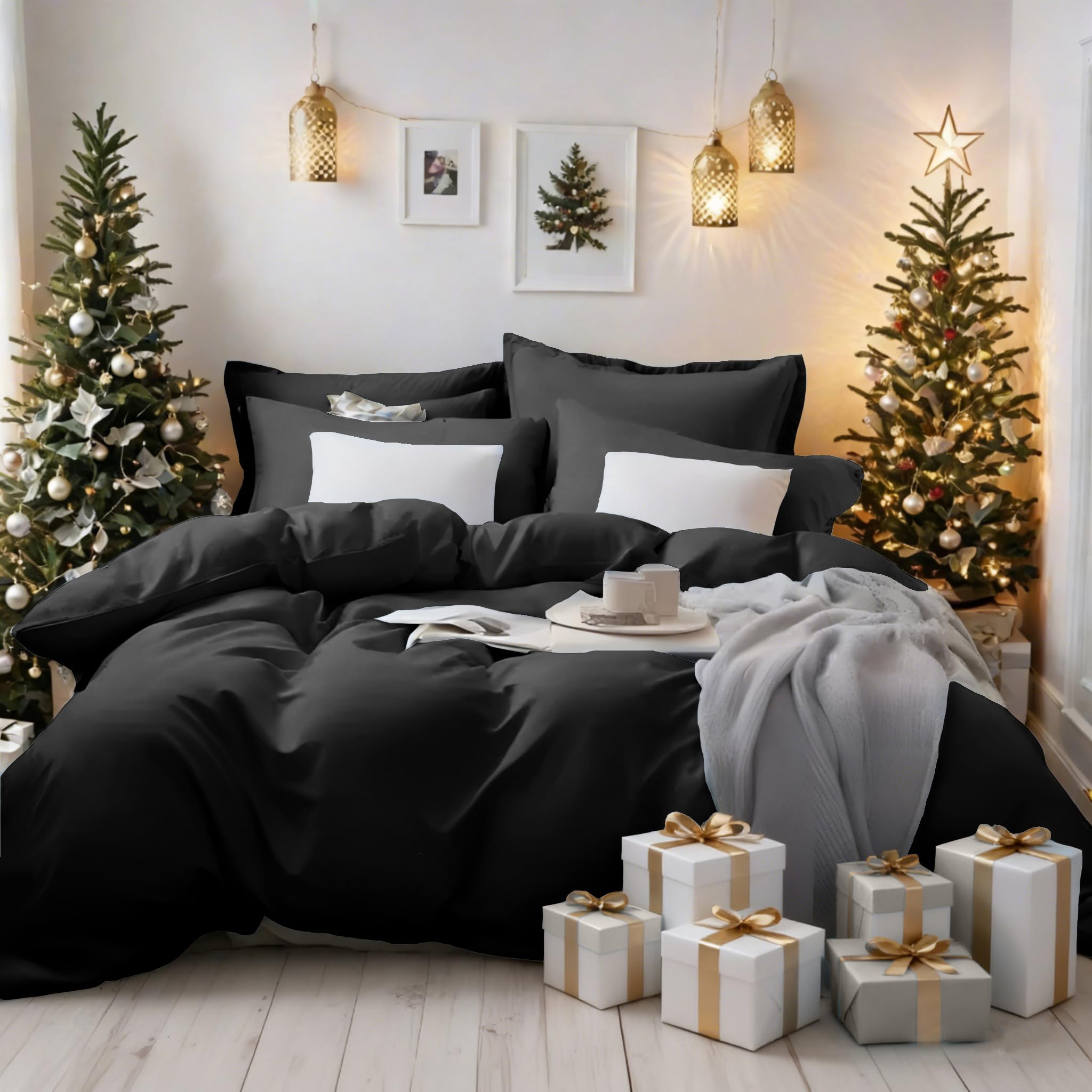 MOHAP Warm Bedding Double Duvet Cover Set 3 PCS Plain Brushed Microfiber Bedding 1 Duvet Cover with 2 Zippers and 2 Pillowcases Black