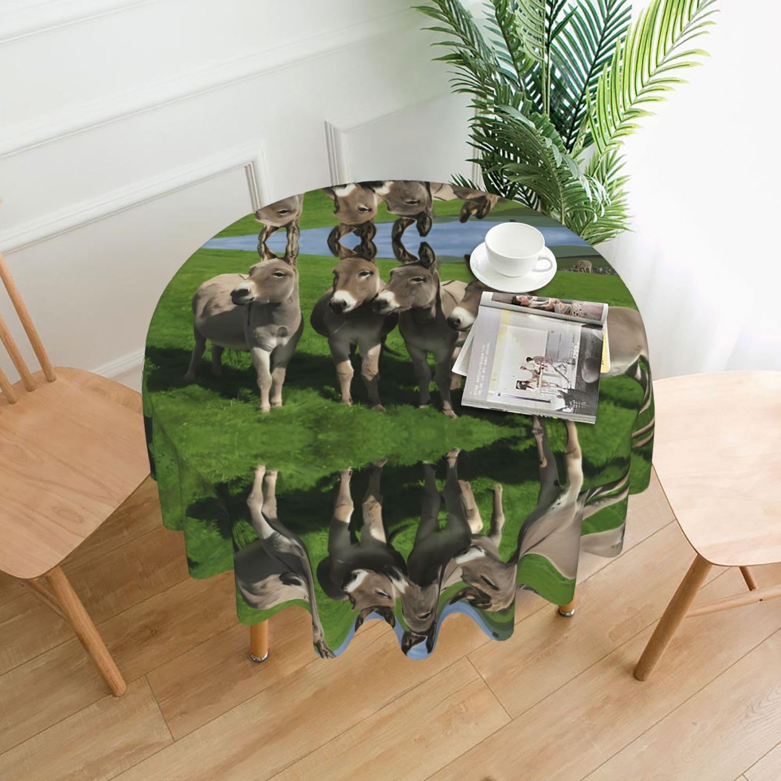 YYHHAOFA Donkey on green meadow Prints 60in Round Decorative Tablecloth – High-Grade Polyester Throw Cover for Dining, Parties, and Outdoor Events