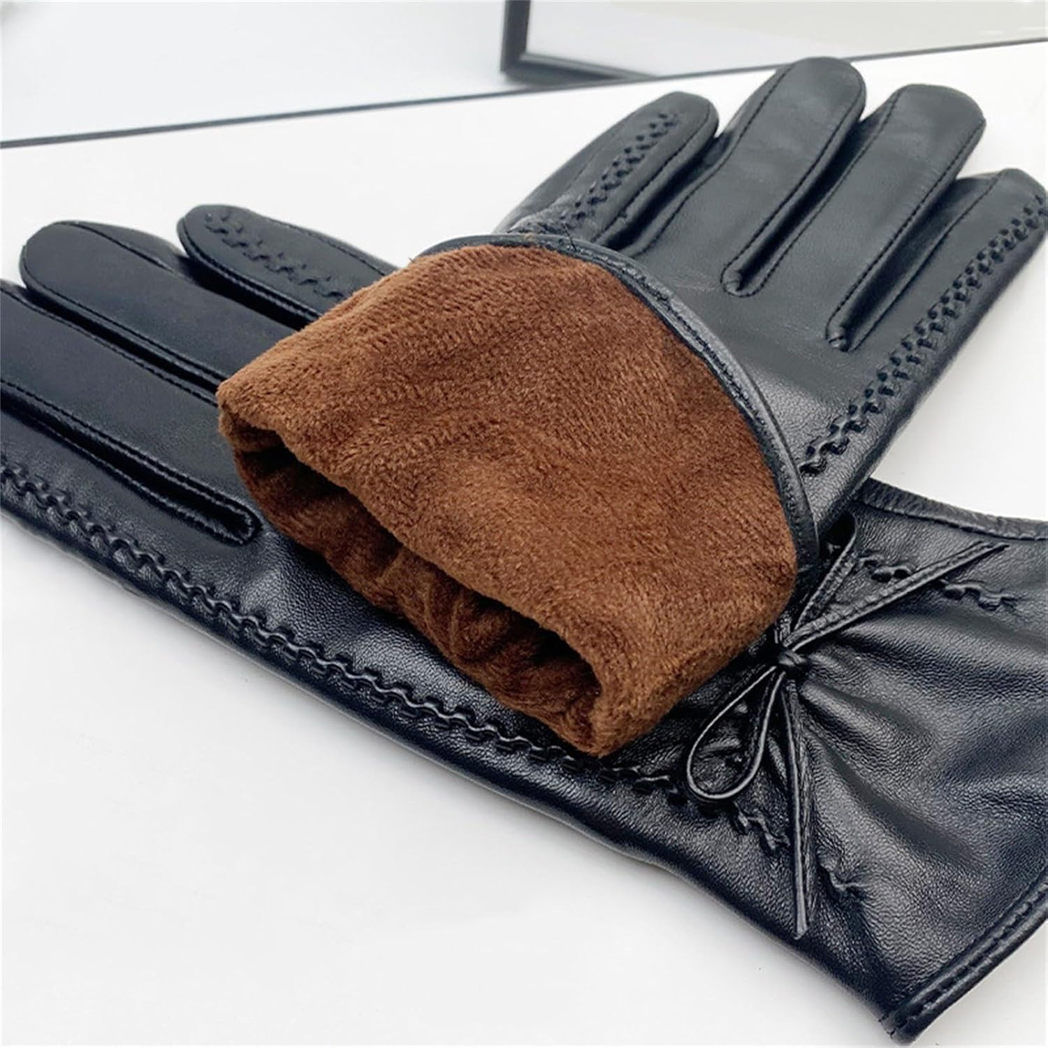[小さな店] 手袋 レディース 保温手袋 レザーグローブ女性用パッド入り厚みのある運転および乗馬タッチスクリーン 防寒女性 手袋 裏