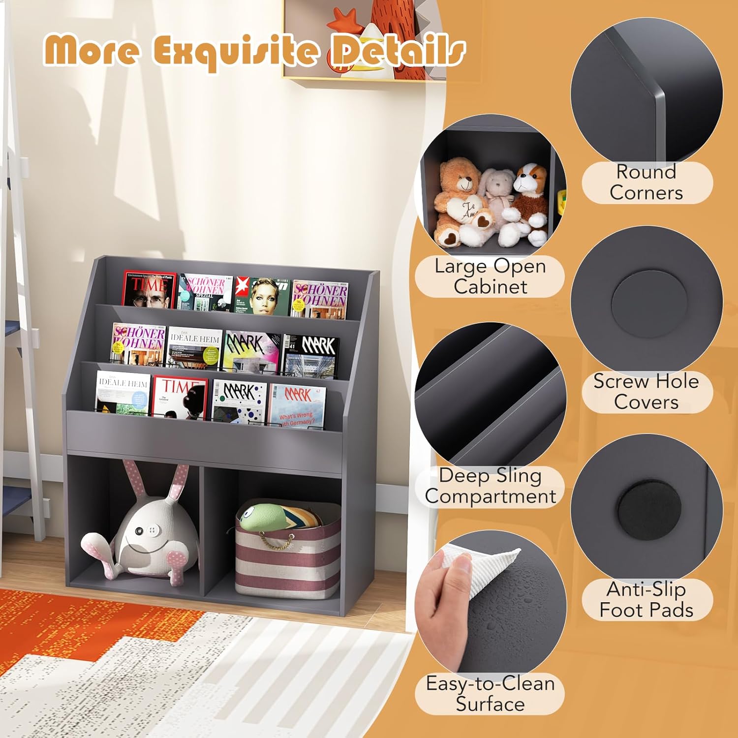 HONEY JOY Kids Bookshelf, Wooden Children Sling Book Rack, Toy Organizer and Storage Bookcase Cabinet, 2 Compartments and 3-Layer Shelves, for Playroom, Bedroom, Nursery, Kindergarten (Gray)