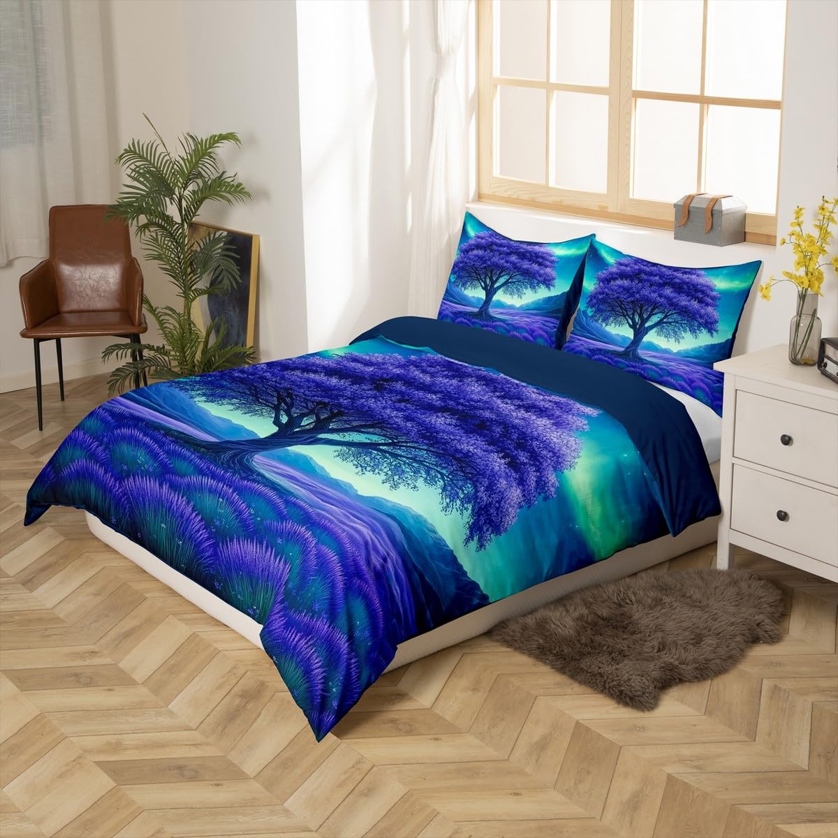 jejeloiu Tree of Life Duvet Cover Toddler Size Kids Natural Scenery Comforter Cover Set for Boys Girls Teens Nature Bedding Set Breathable Polar Light Bedspread Cover Room Decor Quilt Cover
