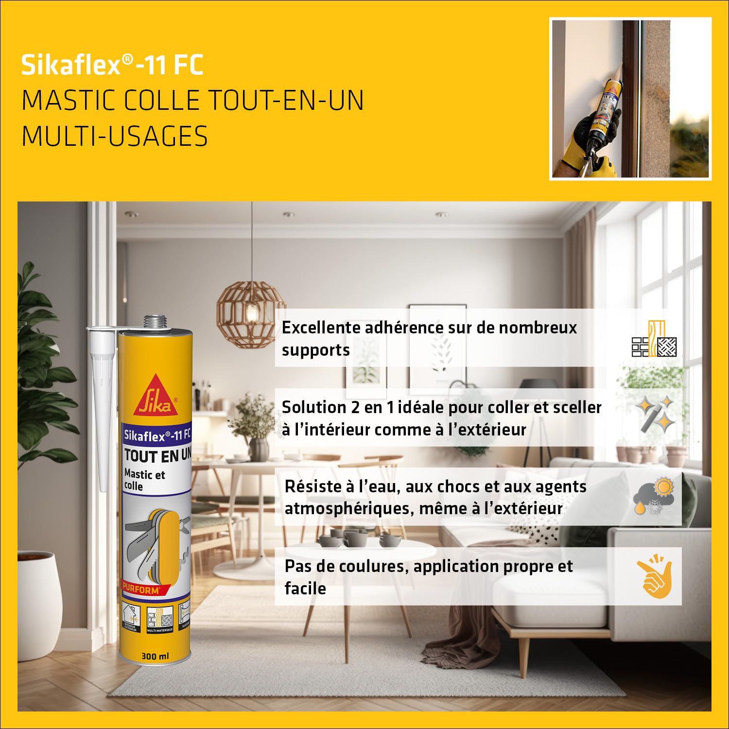 SIKA - Mastic-colle Tout en un multi-usages - Sikaflex 11 FC Purform, Noir - Mastic, joint et collage multi-usages, Intérieur et extérieur - Carton de 12 cartouches 300ml