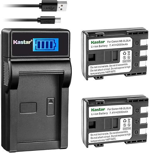 Kastar Batería (X2) y cargador USB delgado LCD para cámaras Canon NB-2L NB-2LH NB-2L12 NB-2L14 NB-2L24 BP-2L5 BP-2LH y Canon EOS Digital Rebel XT Xti