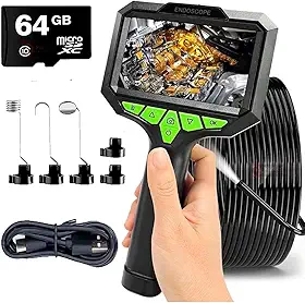 Câmera de inspeção Endoscópica 10m Sonda Boroscopio Portatil Recarregavel Tela IPS 4,3" Full HD Endoscopio 1080p com 8 Luzes LED, IP67 à Prova D'água, Tira Foto e Grava Video + Cartão Micro SD 64GB