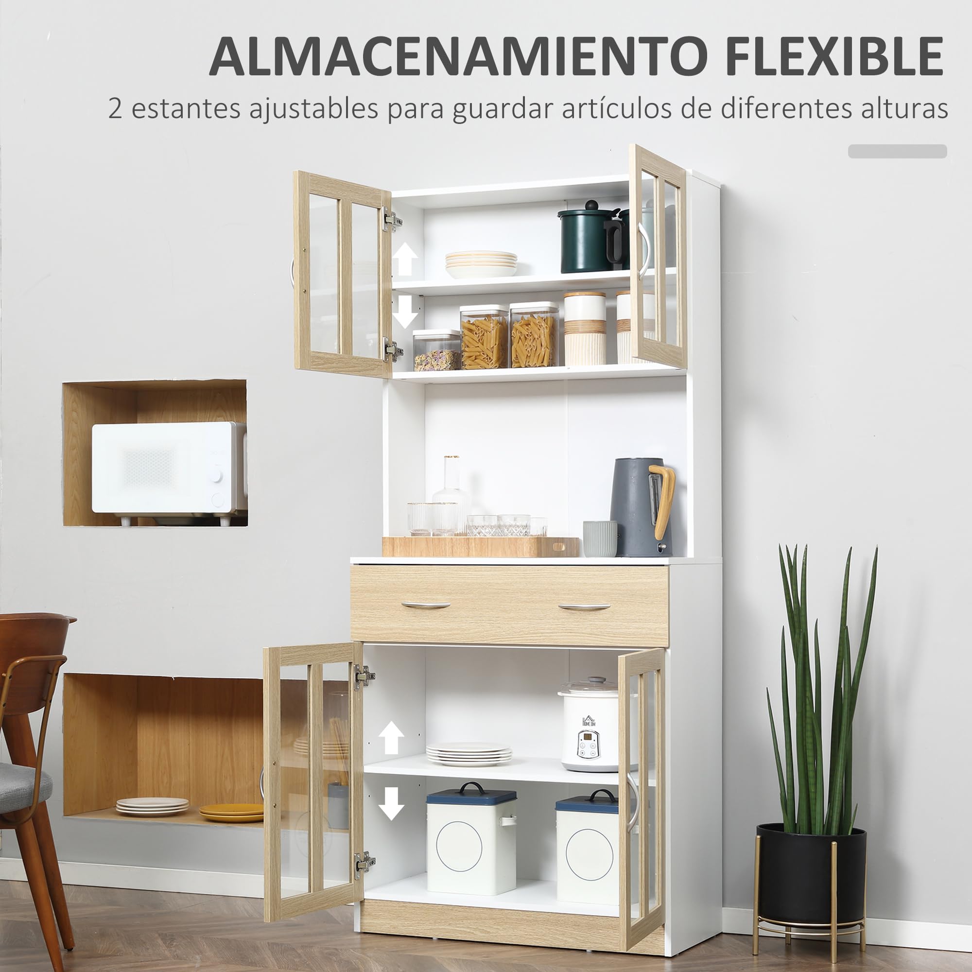 HOMCOM Alacena de Cocina Alta, Mueble Auxiliar de Cocina, con 4 Puertas de Vidrio, Encimera Abierta para Microondas, Cajón, Estantes Ajustables, 80x40x180 cm, Blanco y Natural