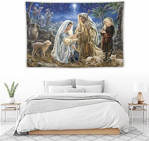 Miniatura 5 de Tapiz de pesebre navideño, escena de Jesús, estatua de Jesús, tapiz para colgar en la pared, religión cristiana, 40 x 60 pulgadas de ancho, arte de