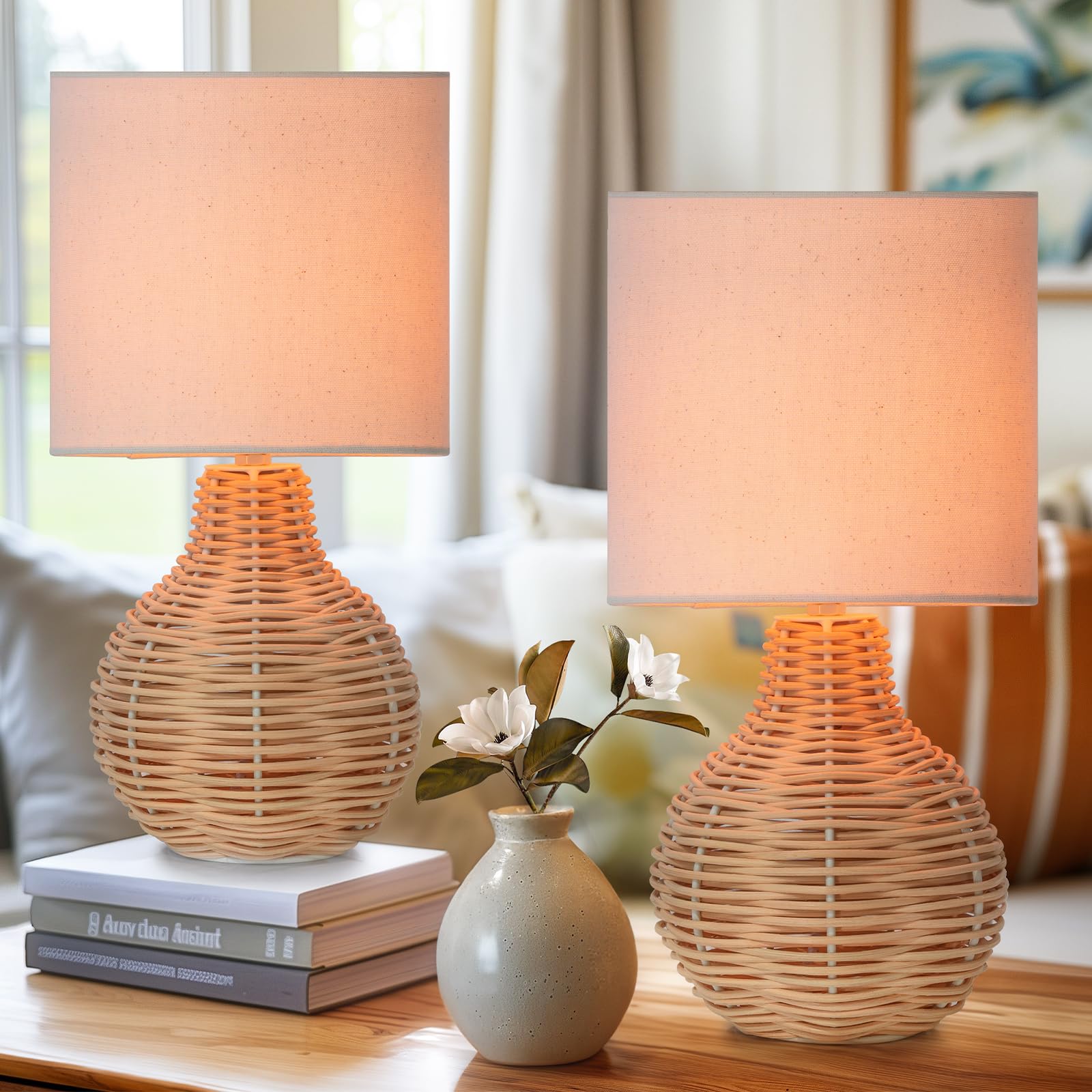 Rattan Table Lamp, Vintage Wicker Wooden Nightstand Lamp Set of 2, Boho Bamboo Woven End Table Lamp for Bedroom Living Room Desk Room