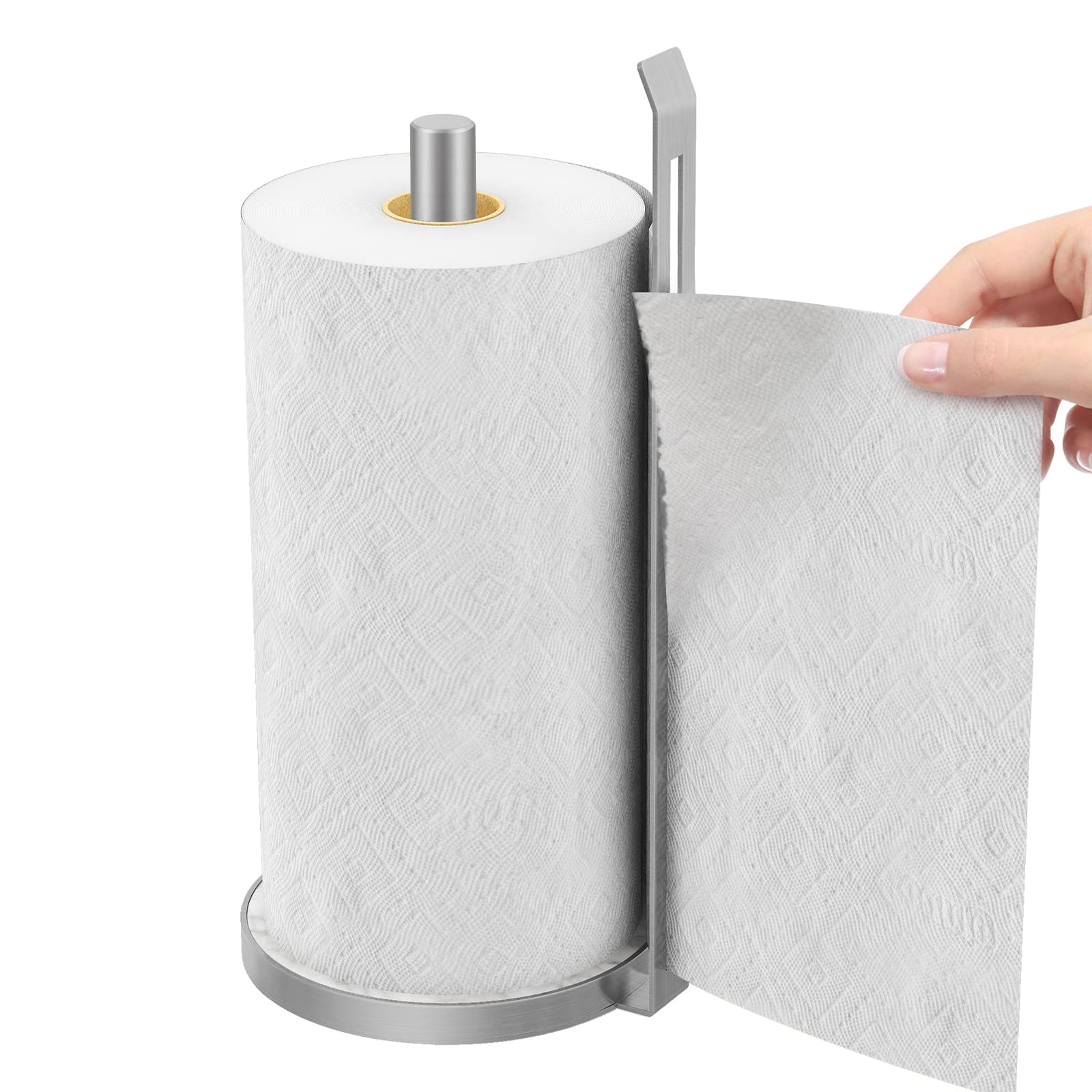 Jesginboo Silver Kitchen Roll Holder Free Standing, Countertop Paper Towel Dispenser For One Hand Tearing Paper Towel Holder Stand With Marble Base For Standard And Large Size Rolls,