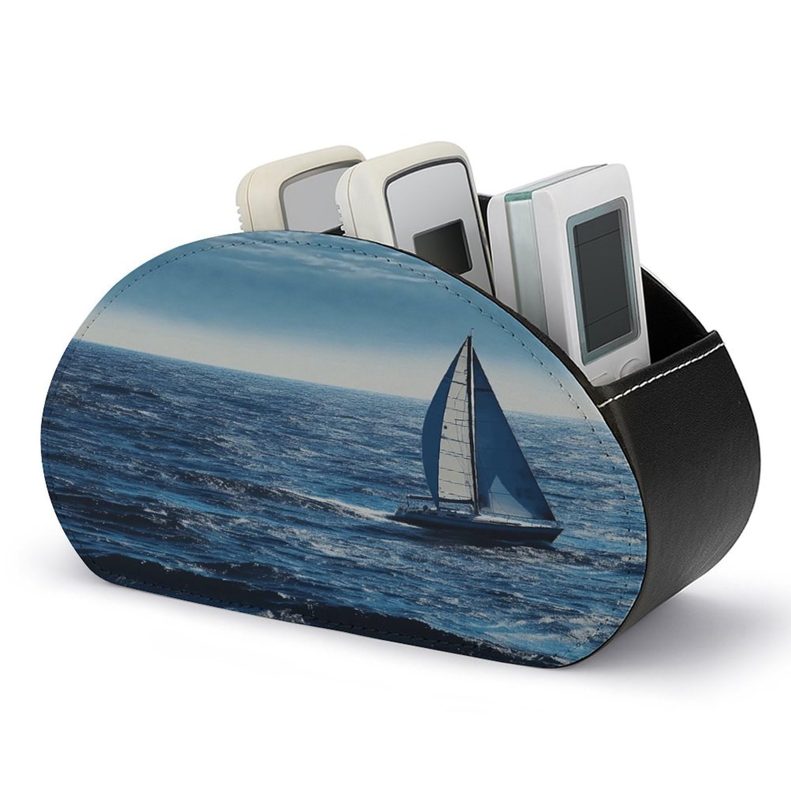 VstaDank Blue Sea Sailboat Remote Control Holder with 5 Compartments PU Leather TV Remoter Caddy Desktop Organizer TV Remote Holder Remote Box for Media Controllers Office Supplies