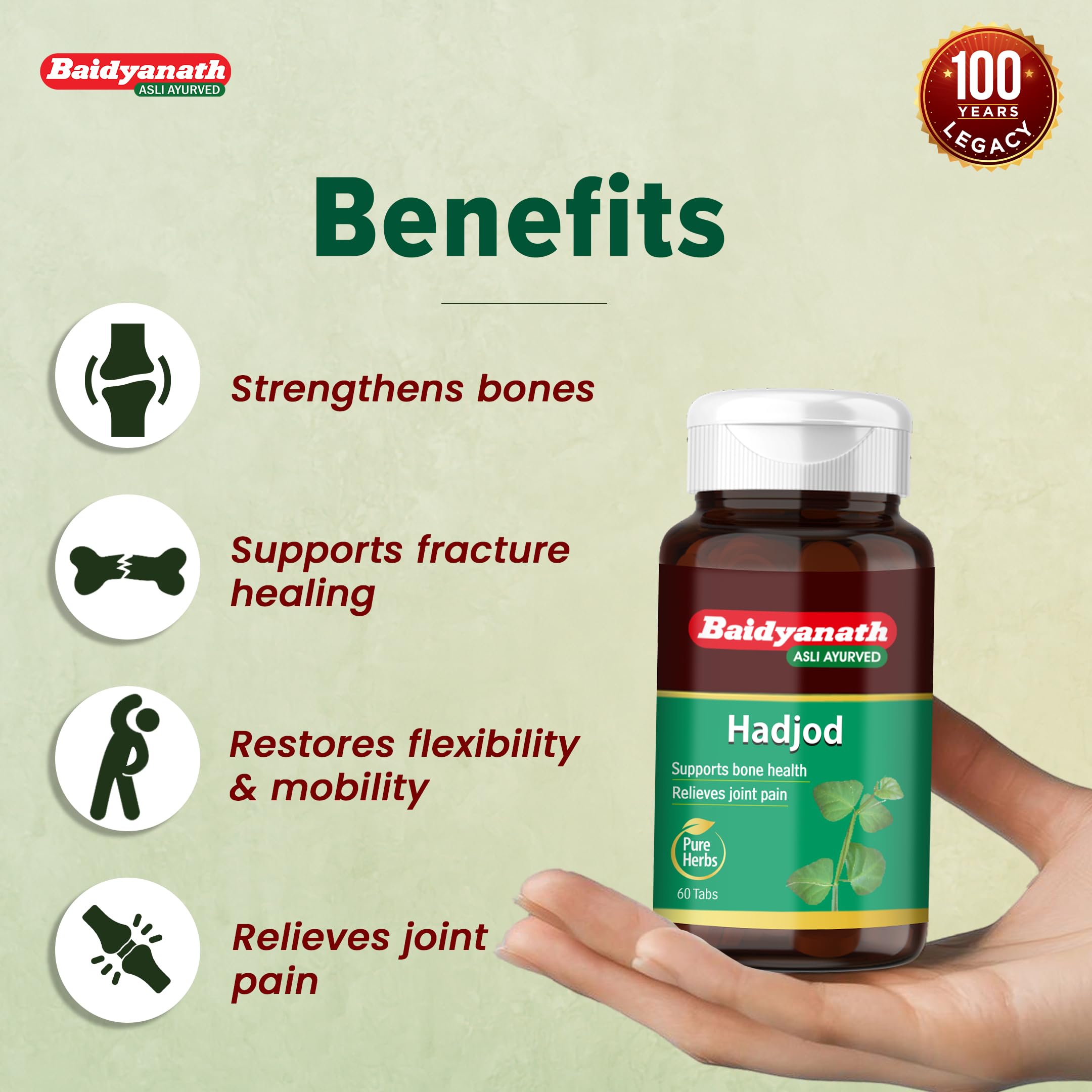 Baidyanath Hadjod - 60 Tablets (Pack of 2) | Supports Bone Strength, Joint Flexibility & Mobility | 1