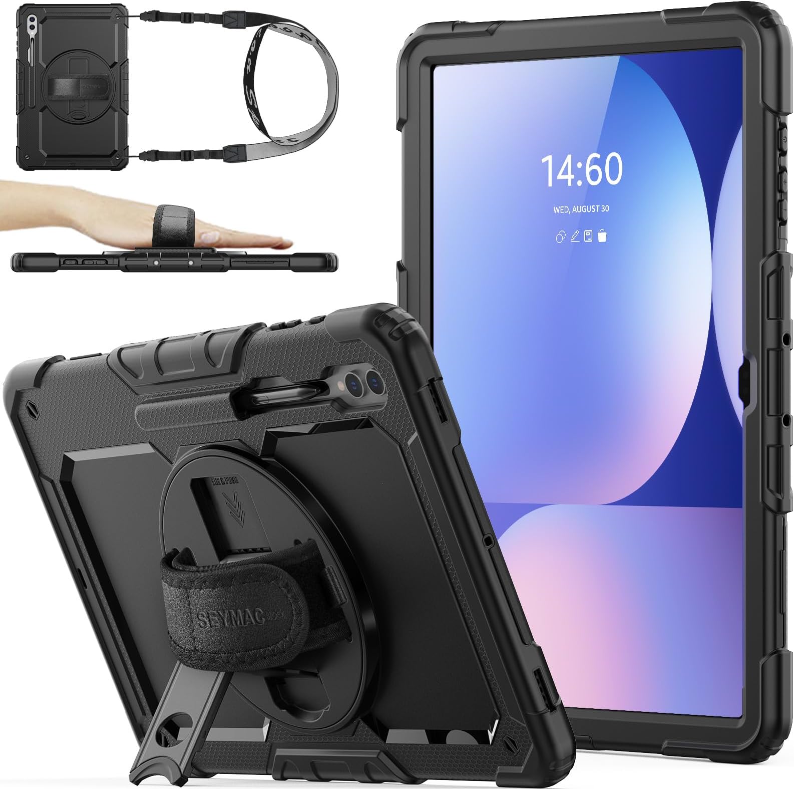 SEYMAC stock Case for Samsung Galaxy Tab S10 Ultra / S9 Ultra 14.6'' with Screen Protector [360 Rotating Stand] Hand Shoulder Strap Protective Case for Galaxy Tab 14.6'', Black