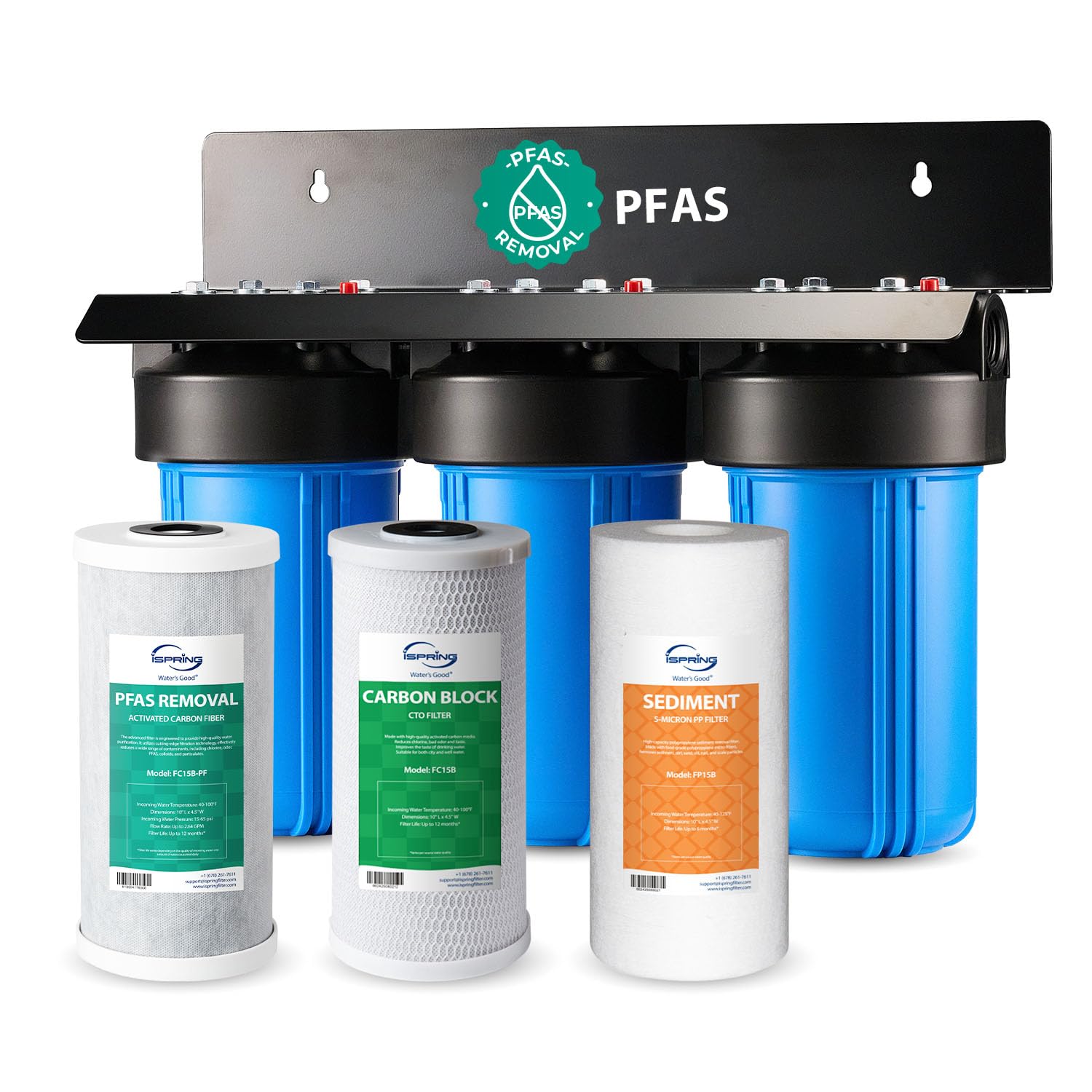 iSpring WGB31B-PF Whole House Water Filter System SGS-Tested to Remove up to 99 PFAS 3-Stage Filtration Reduces Sediment
