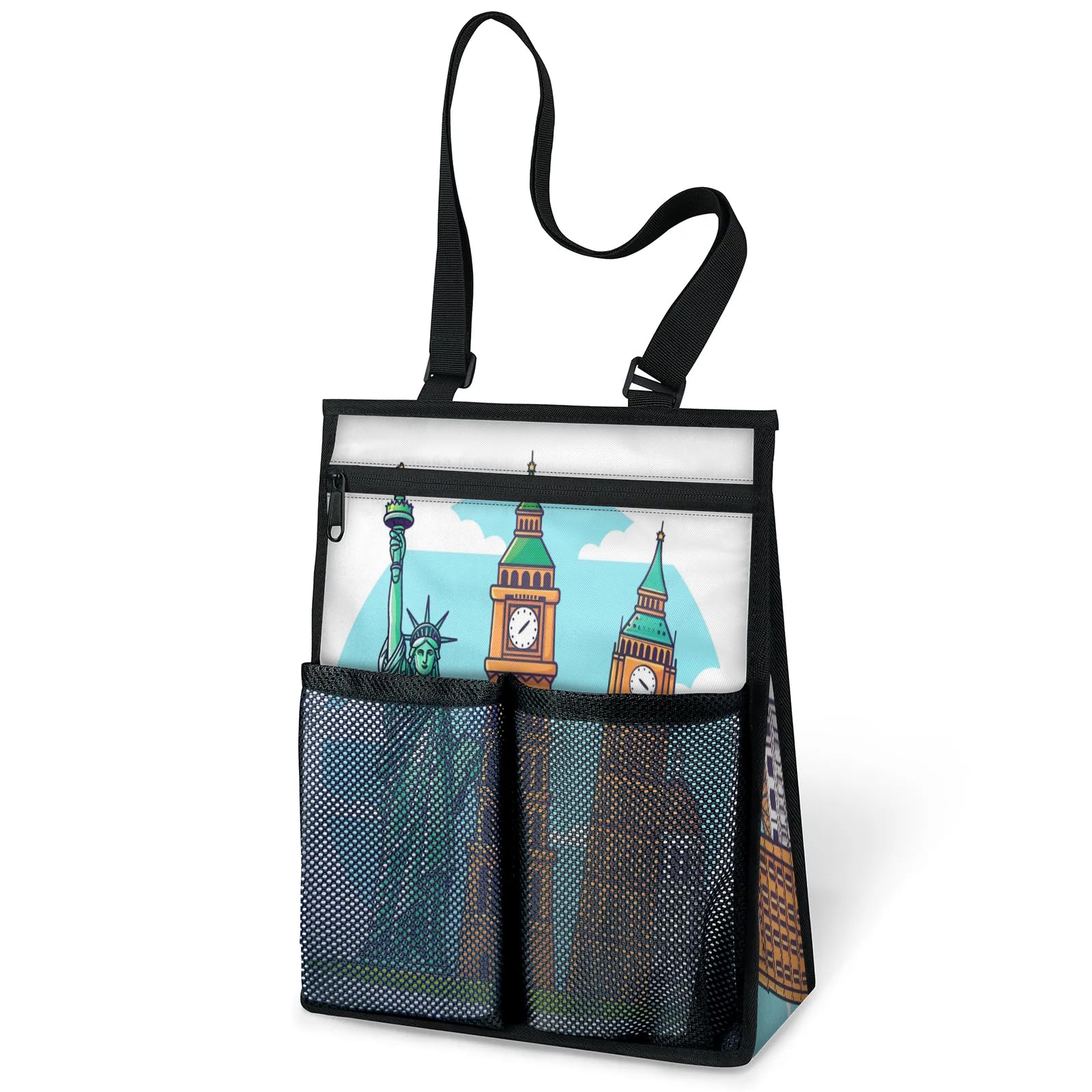 Ourtheme Cartoon Famous Landmarks Portable Shower Bag for Travel Gym Camp Beach Tote Shower Caddy Bags Hanging Toiletry