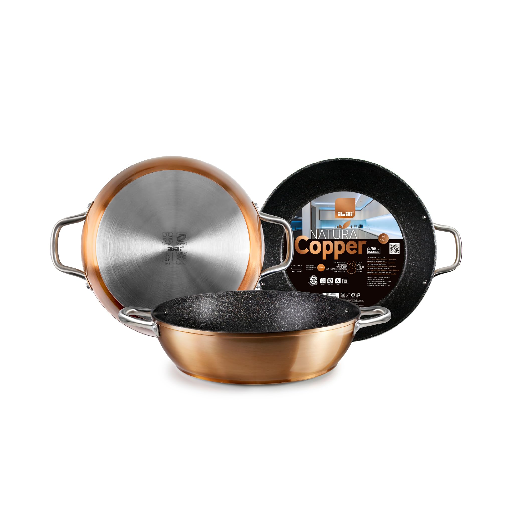 IBILI - Sarten honda con 2 asas natura copper, 32 cms, Aluminio, Antiadherente estilo piedra, Apto para induccion