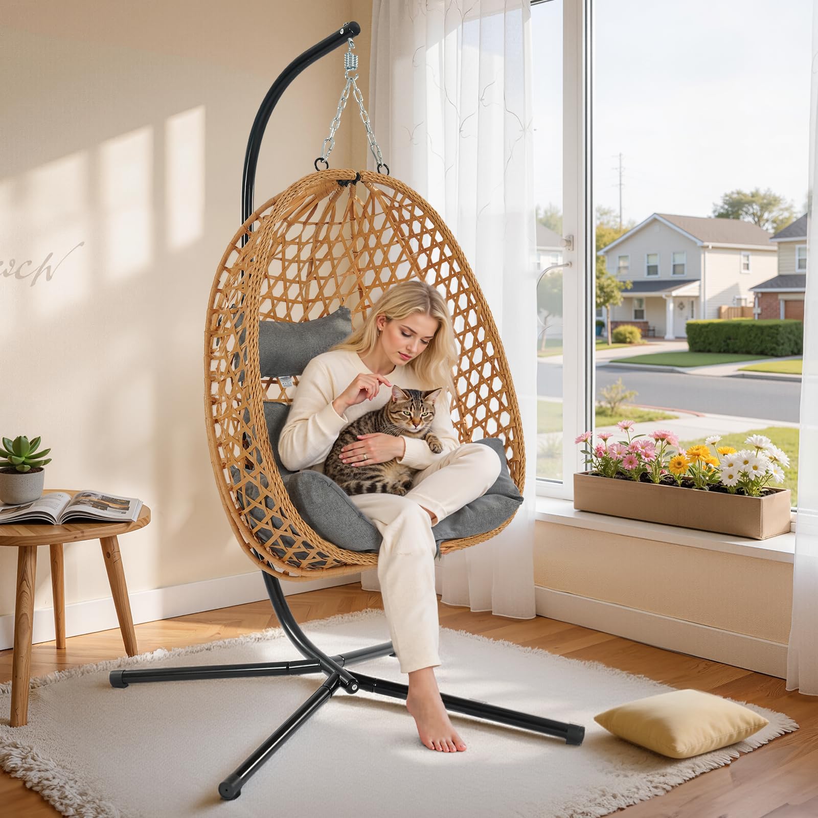 bigzzia Swing Chair Hanging Egg Chair for Indoor & Outdoor use - Foldable Swing Chair with Cushion Maximum Load 160kg, Rattan Garden Swing for Garden Patio or Balcony
