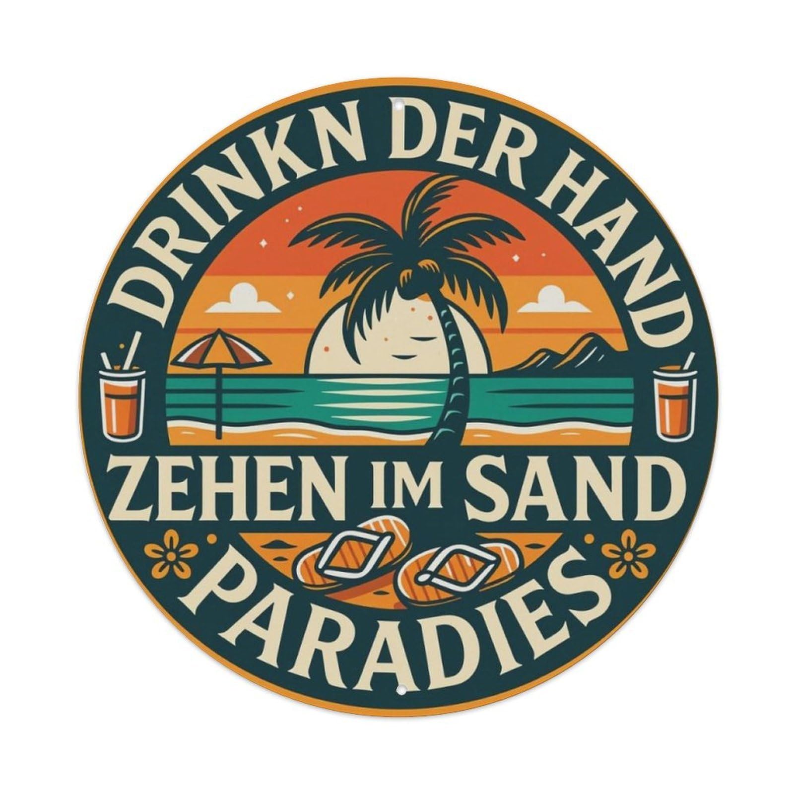 Tropical Beach Coconut Tree Vacation German Round Decor Sign Vintage Aluminium Metal Sign, Retro Wall Decor for Home, Bar, Garage & Farmhouse 20x20cm
