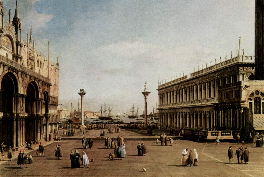 Lámina Canaletto Road in City pequeña en marco marrón para salones elegantes