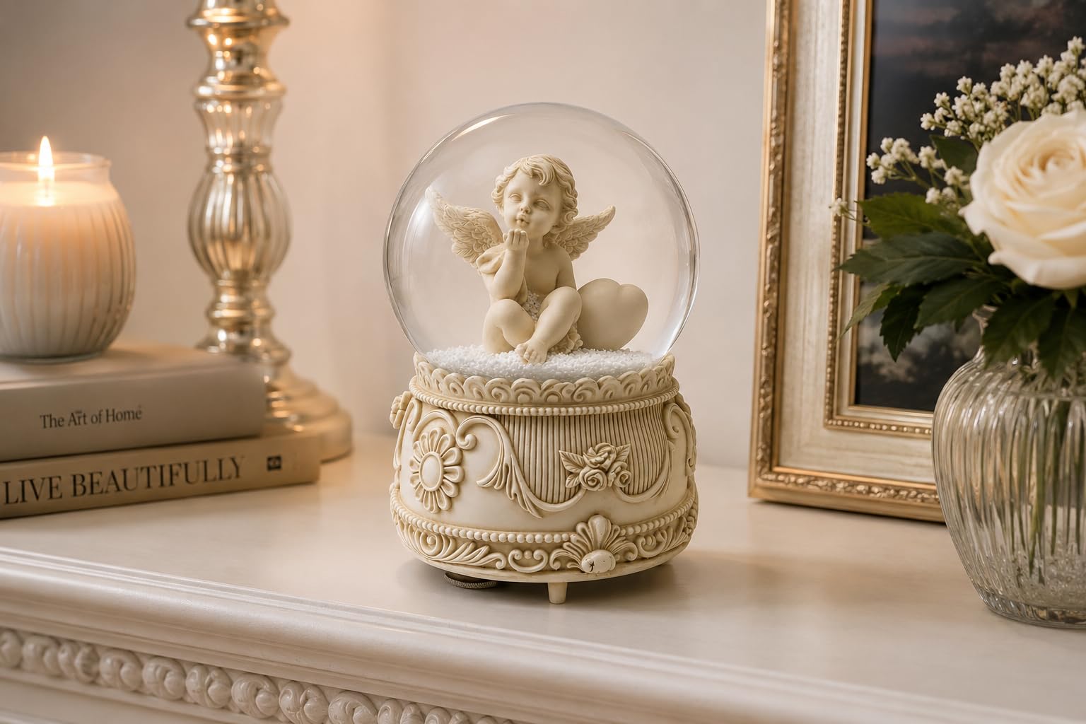 Angelic Musical - Palla di neve da 100 mm, funzionamento a batteria con intricata statuetta di angelo, richiede 3 batterie AAA (non incluse) (design A)