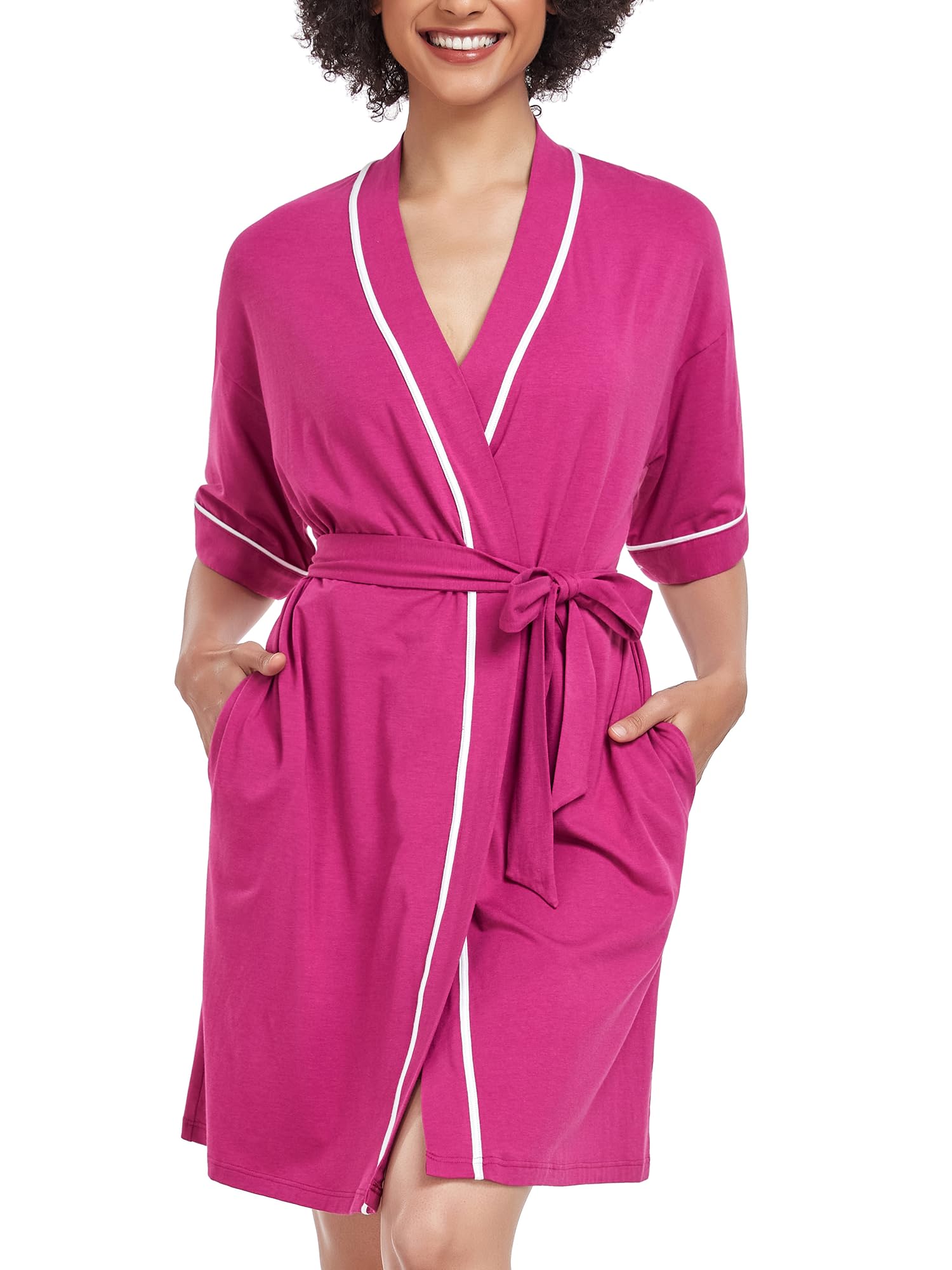 COLORFULLEAF Womens Bamboo Short Robes Lightweight Kimono Cotton Robe Soft Knit Bathrobe Ladies Loungewear with Pockets