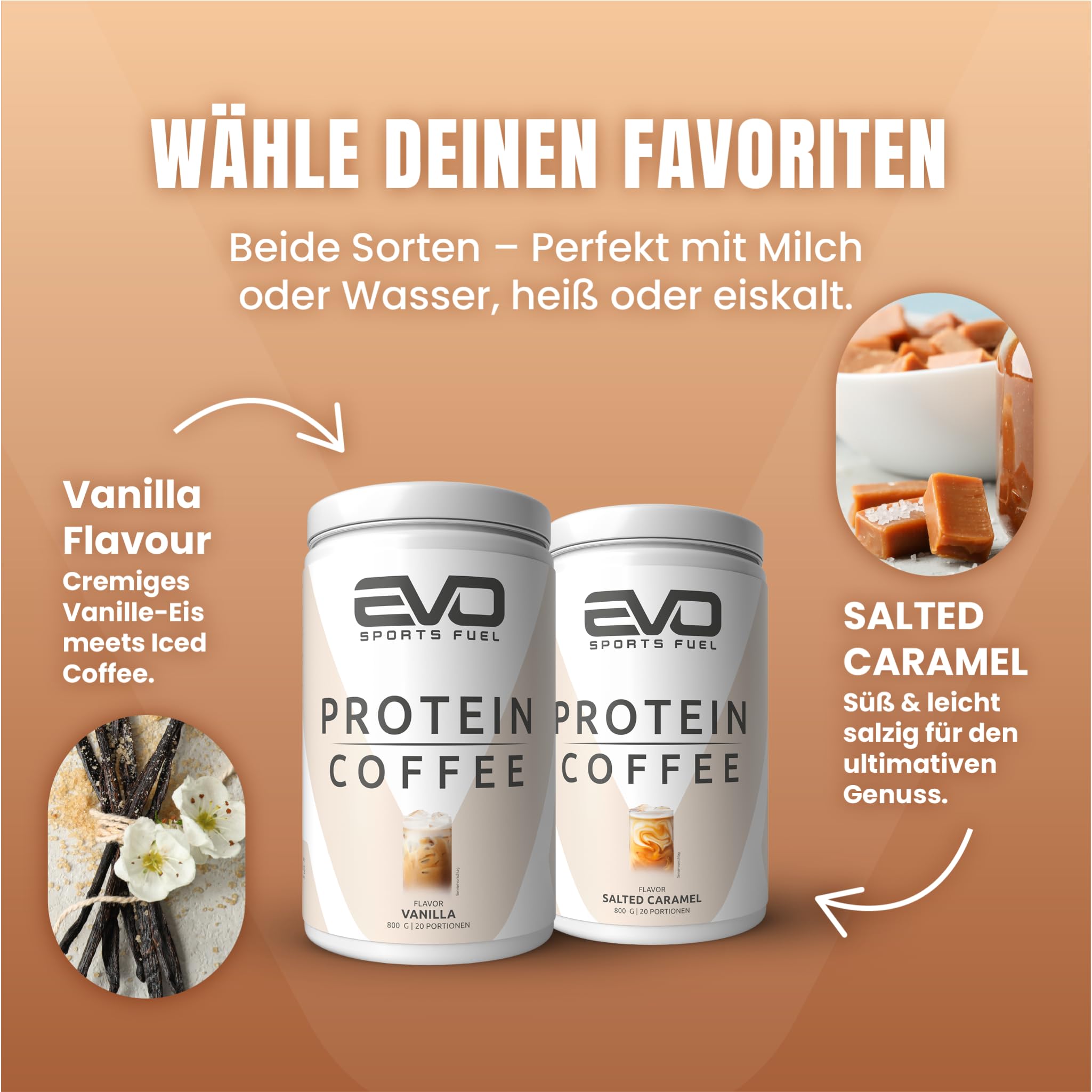 EVO SPORTS FUEL Protein Coffee | Salted Caramel | 800g | Cremiger High Protein-Kaffee mit bis zu 29 g eiweiß pro Portion | Eiskaffee Whey Protein Pulver | geprüfte Qualität-Made in Germany (1er Pack)
