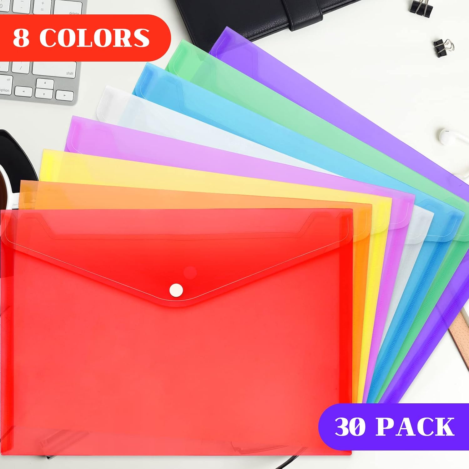50pcs Plastic Envelopes,Poly Envelopes with Snap Button Closure,Clear Document Folders Letter A4 Size File Envelopes,Plastic File Folders for School Home Work Office Organization,8 Assorted Color (50)