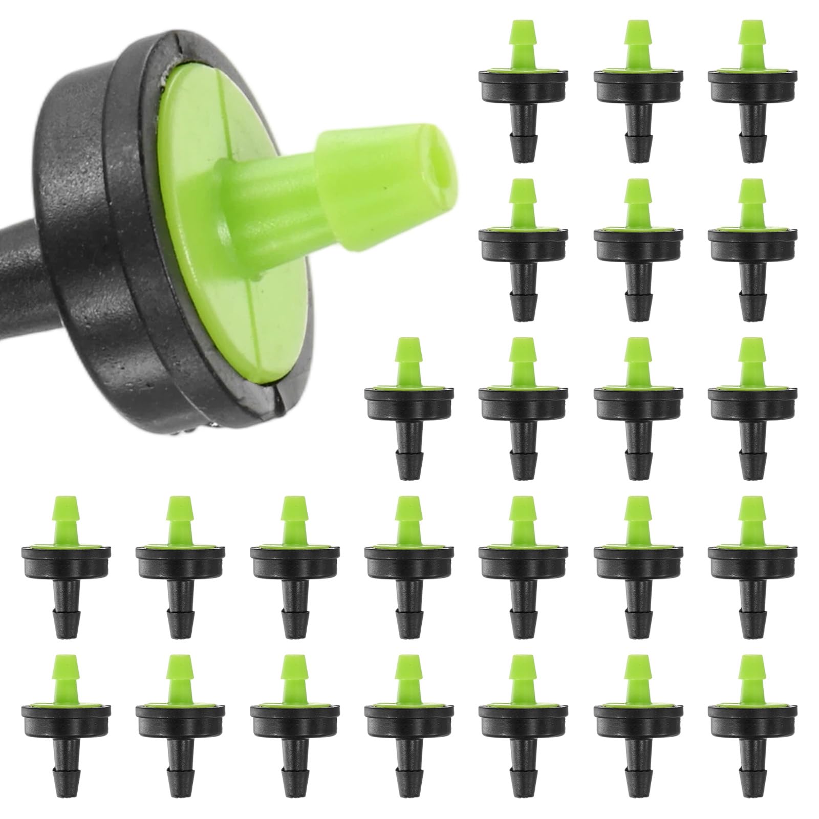 M METERXITY 25-Pack 7.9GPH Pressure Compensating Drippers, Drip Irrigation Emitters for Garden Lawn/Pots Plant Irrigation Systems, Drip Sprinkler Heads [Green, Black]