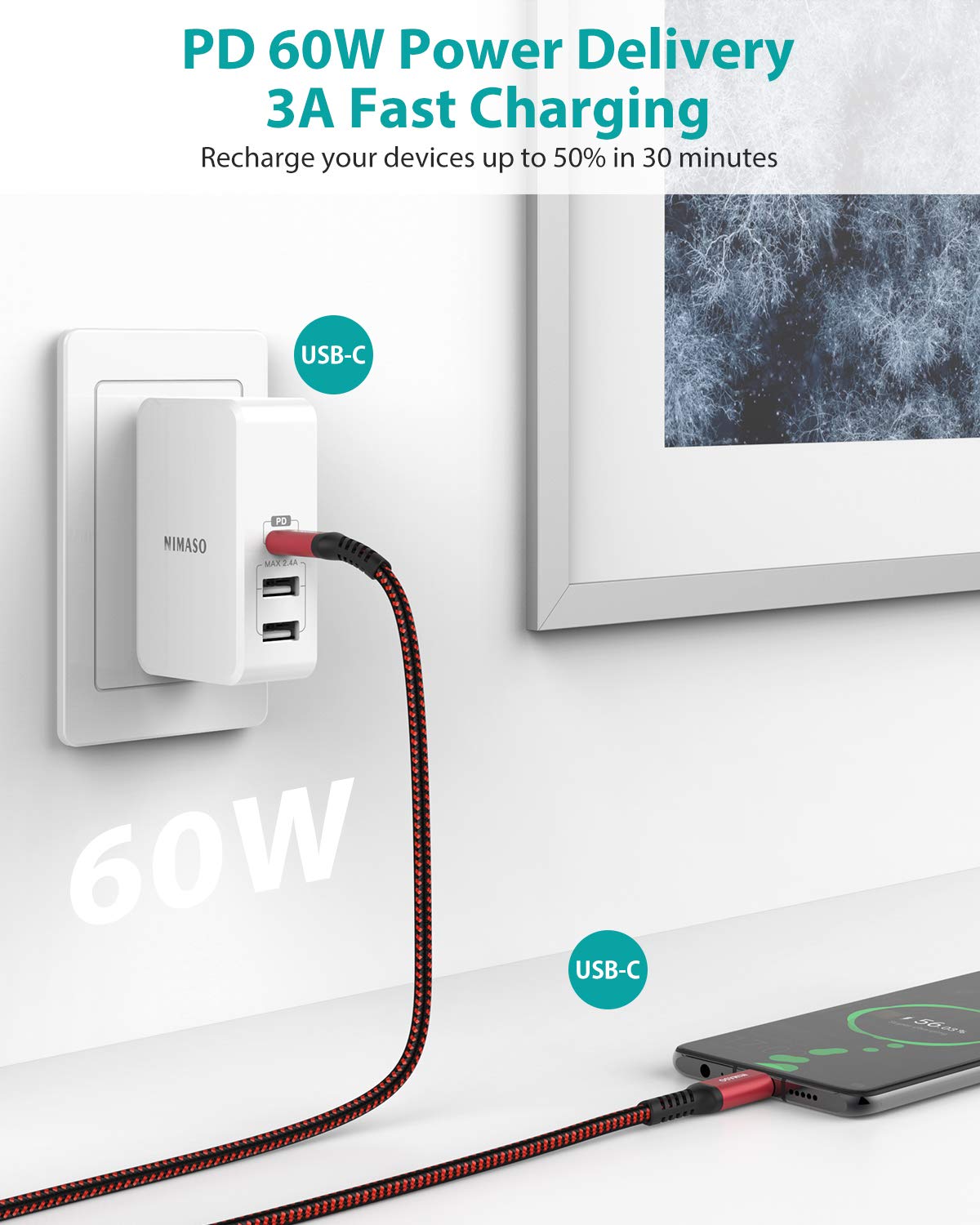 Nimaso Cavo USB C [2 Pezzi: 2m + 2m], Cavo USB Type-C Ricarica Rapida