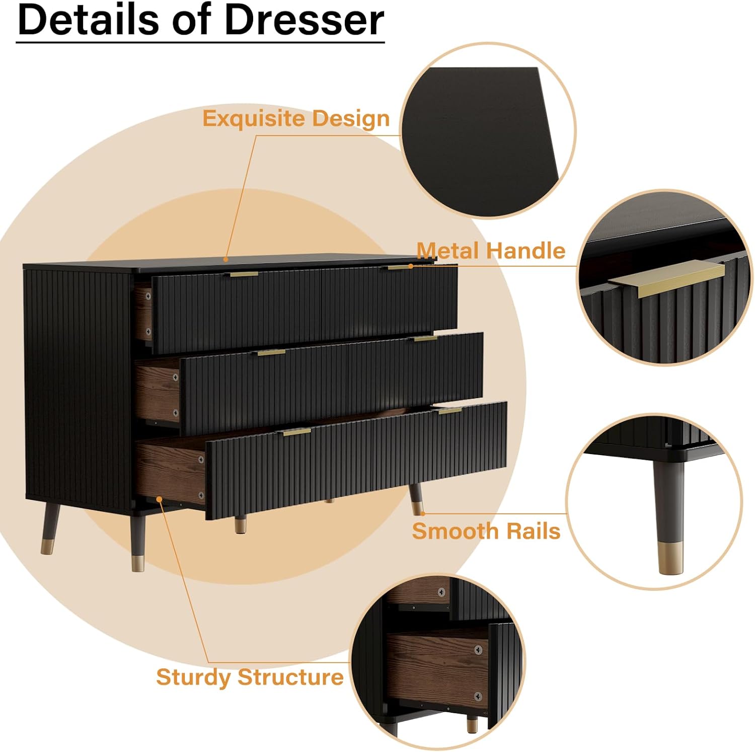 JOZZBY Black Dresser for Bedroom, 6 Drawer Dresser, Bedroom Dresser with Gold Handles, Modern Dressers & Chests of Drawers, Kids Dresser for Nursery, Bedroom, Hallway, Entryway