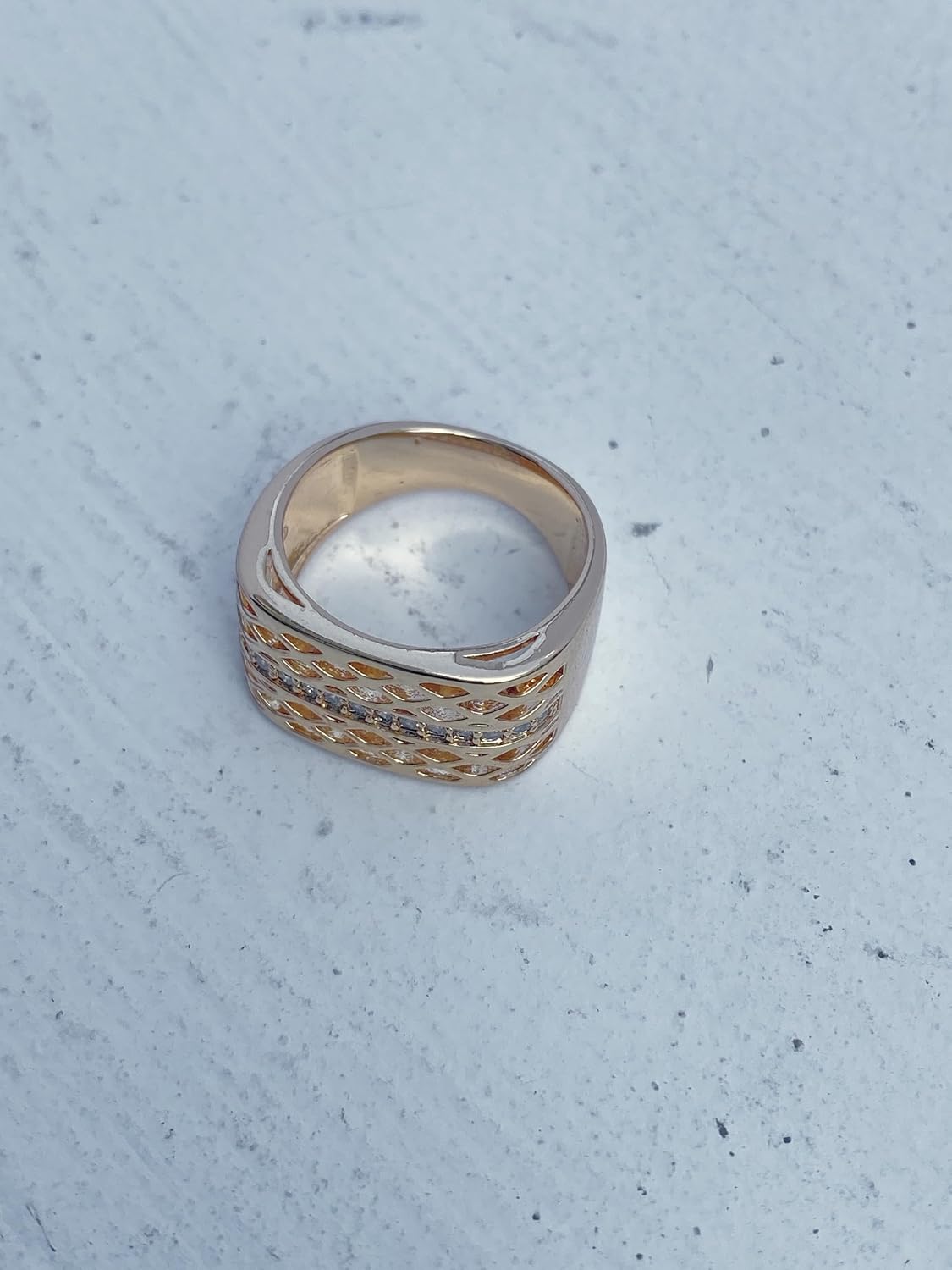 Statement Ring for Women, Gold Plated Wide Band Ring with CZ Center Line and Openwork Lattice Design, Fashion Cocktail Ring for Party Daily Wear Gift